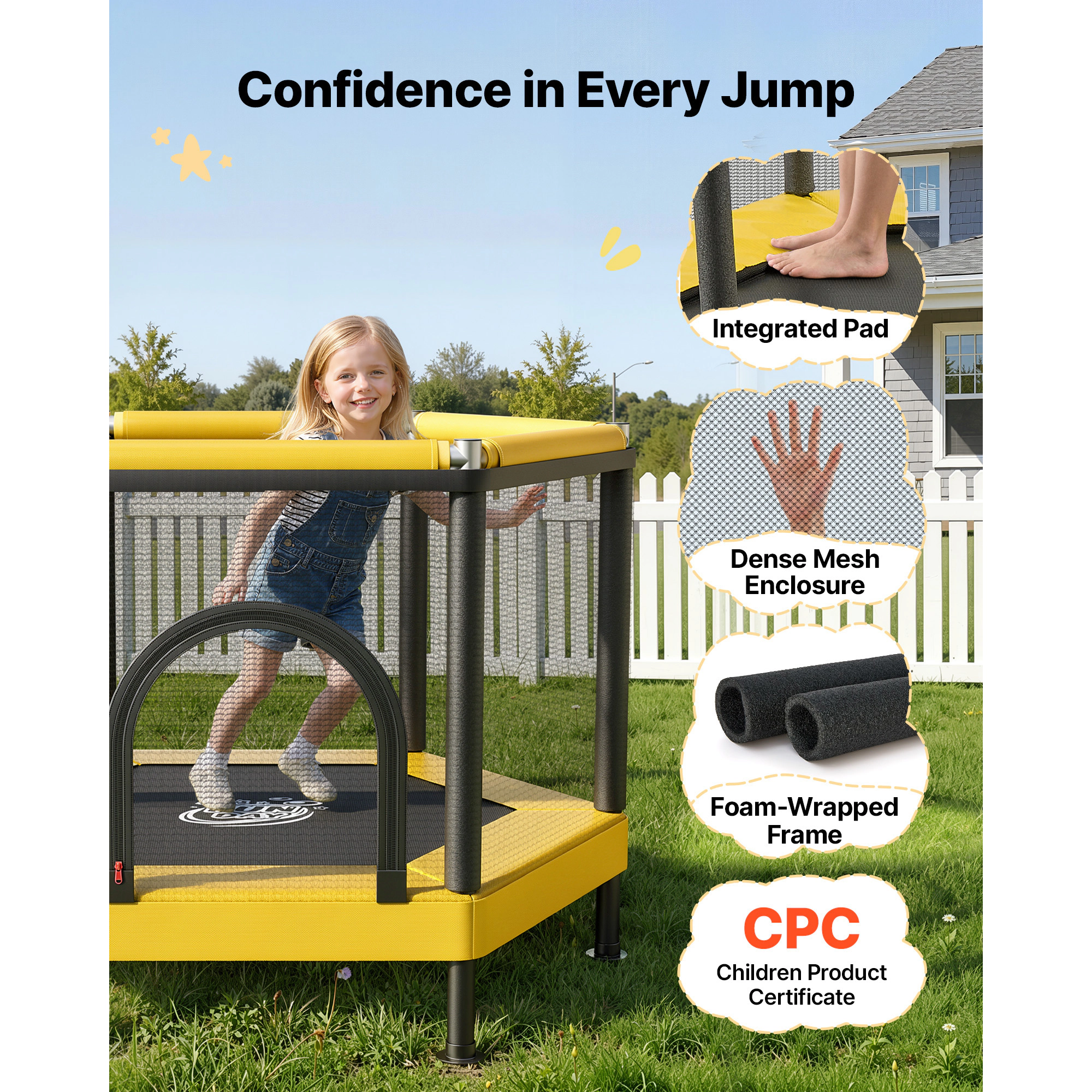HONGGE Hexagonal Kids Trampoline with Safety Net & Basketball Hoop, ASTM Certified Toddler Trampoline, 132 lbs Capacity