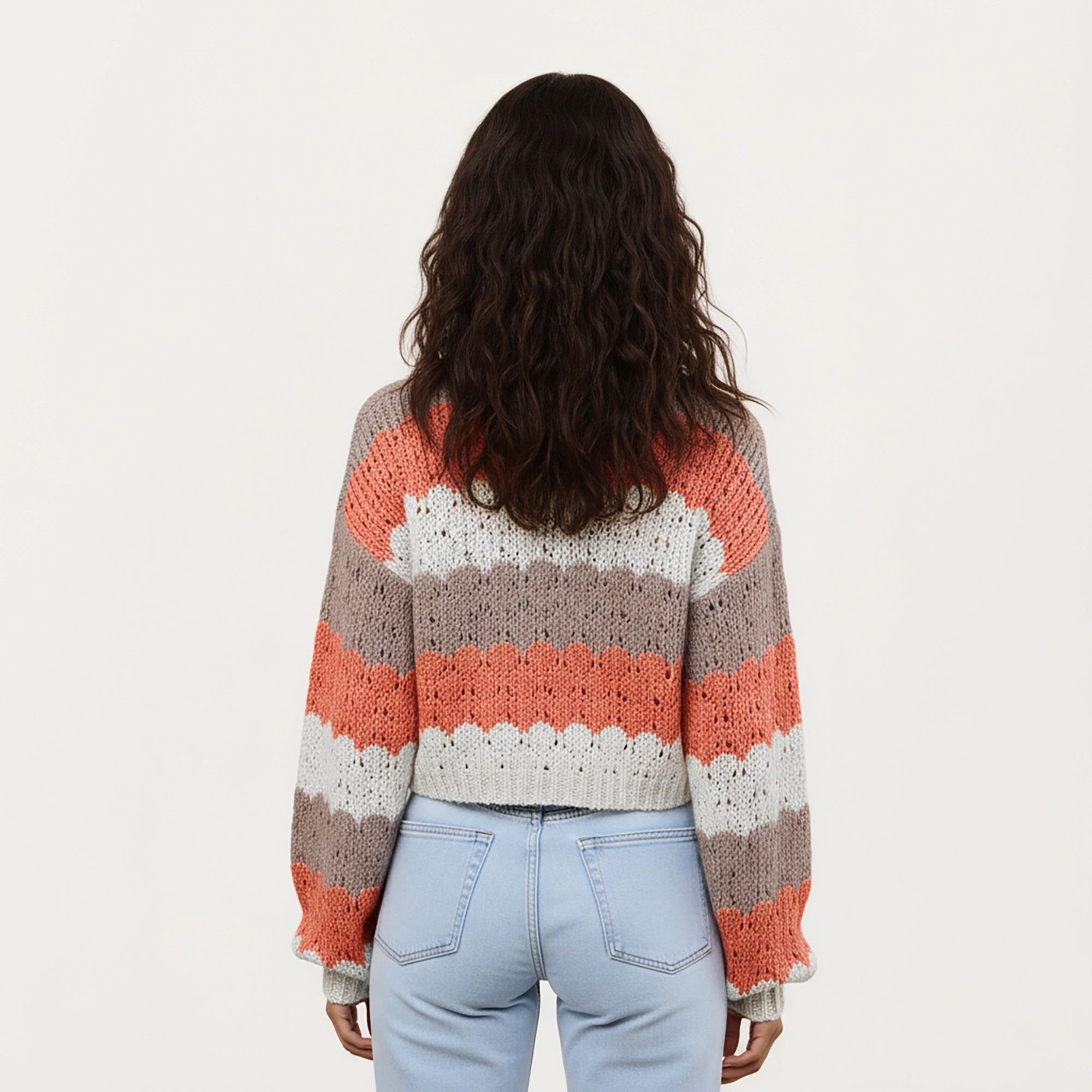 Anna-Kaci Women's Textured Knit Button Front Top with Long Sleeves, Scalloped Stripe Pattern and Cropped Fit