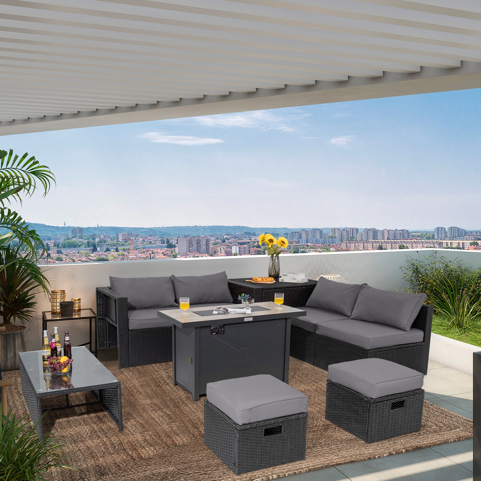 LJG 9 Pieces Outdoor PE Rattan Wicker Sectional Sofa with 42 Inch 60 000 BTU Gas Fire Pit Table