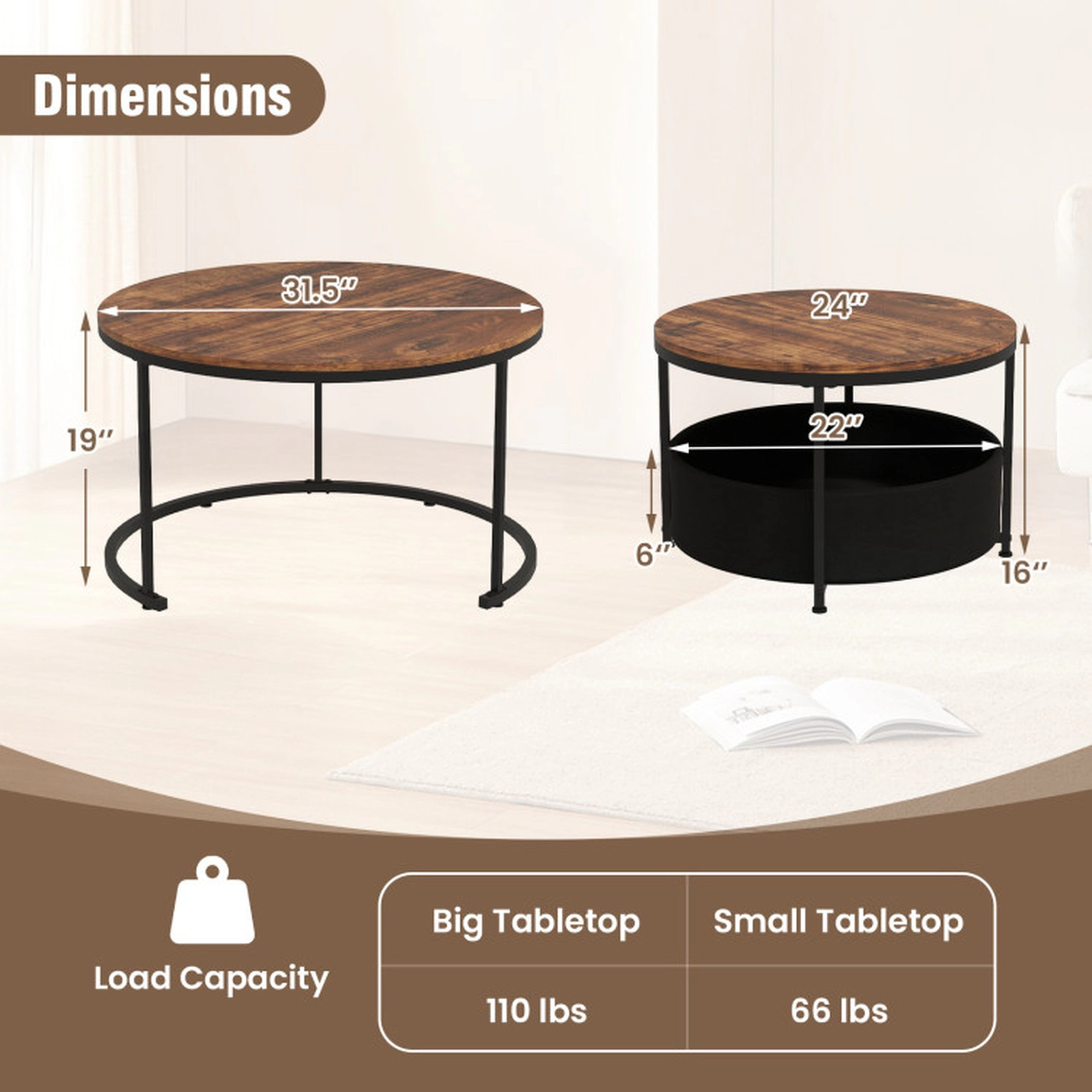 SUGIFT Set of 2 Round Nesting Removable Storage Basket Coffee Tables 31.5-in Dia x 19-in H 110-lb Capacity Brown