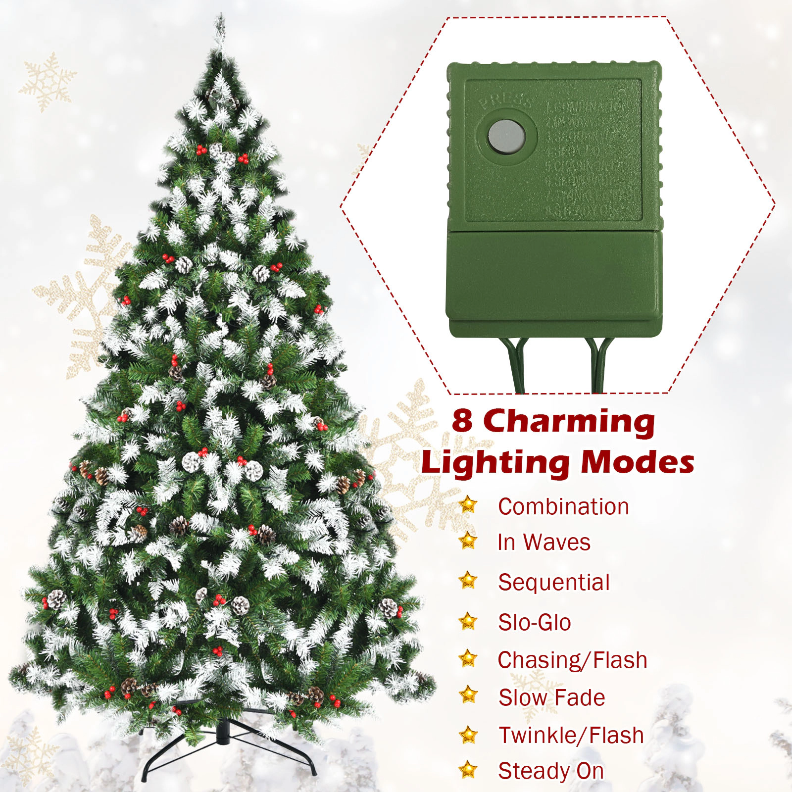 Glintex 6-Ft Flocked Christmas Tree with Red Berries Pine Cones and 250 LEDs, Green