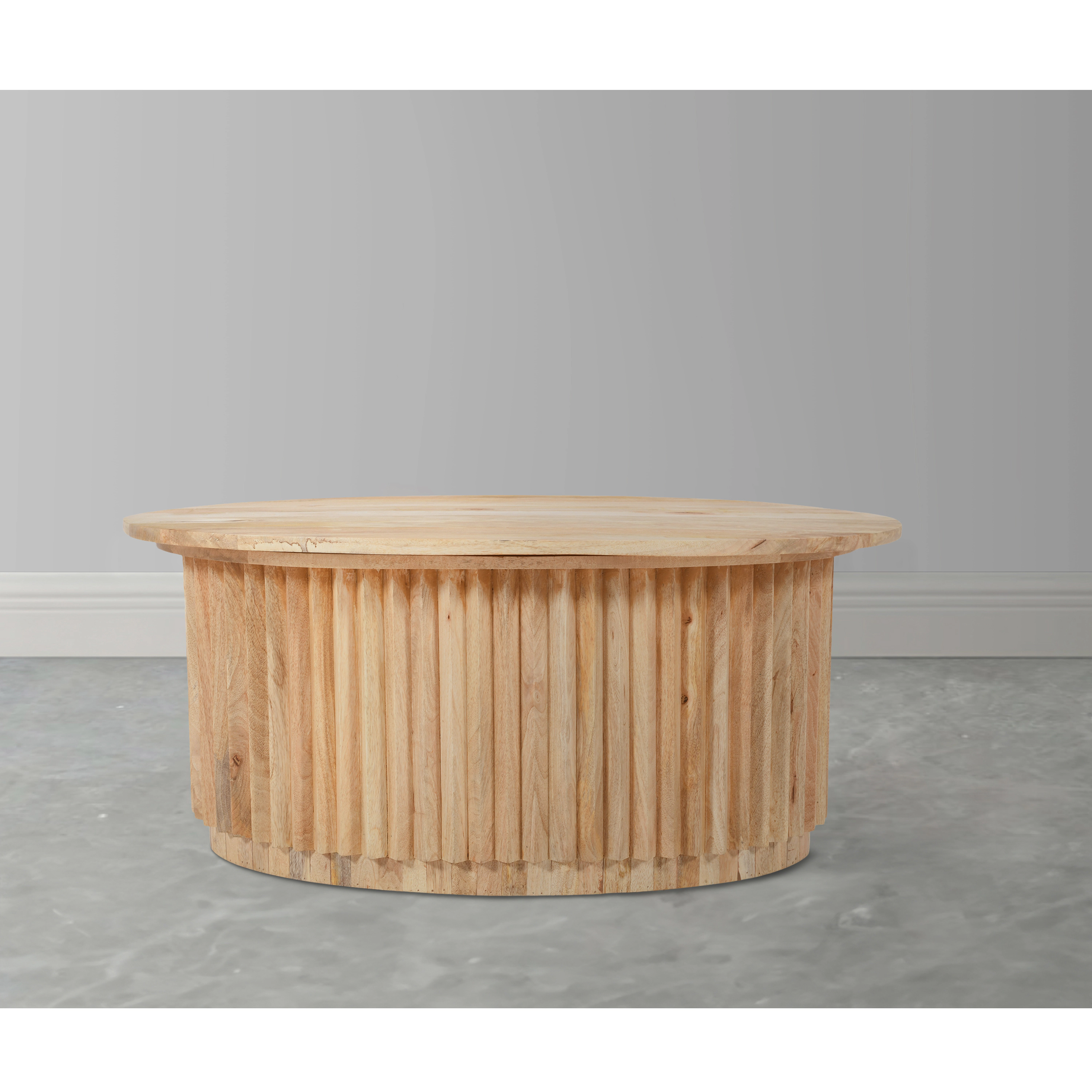 The Urban Port Muna Coffee Table, 36 Inch Oval, Handcrafted Mango Wood, Reeded Base with Hidden Storage, Natural Brown