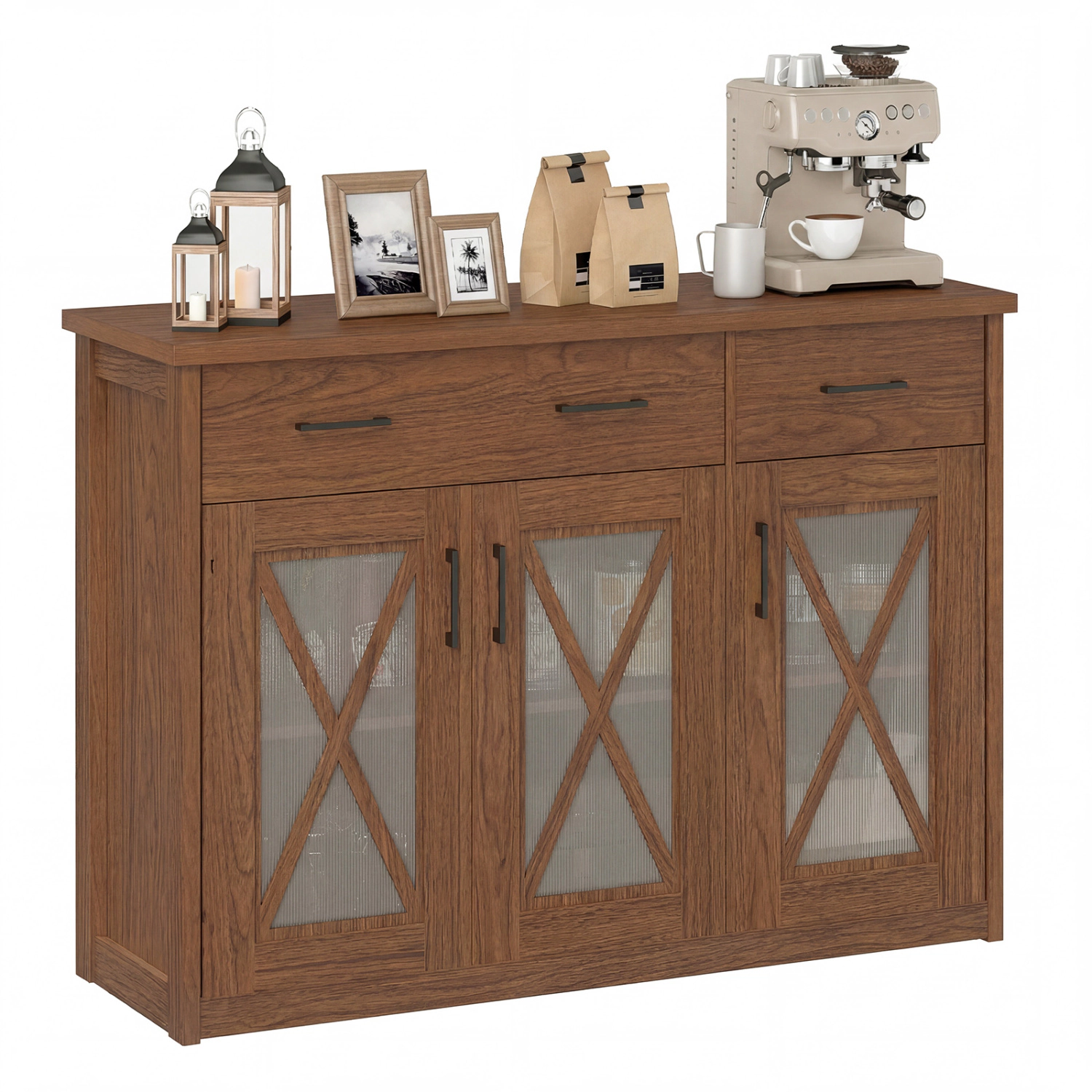 Glintex 47-Inch Farmhouse Buffet with Barn Doors and Fluted Panels