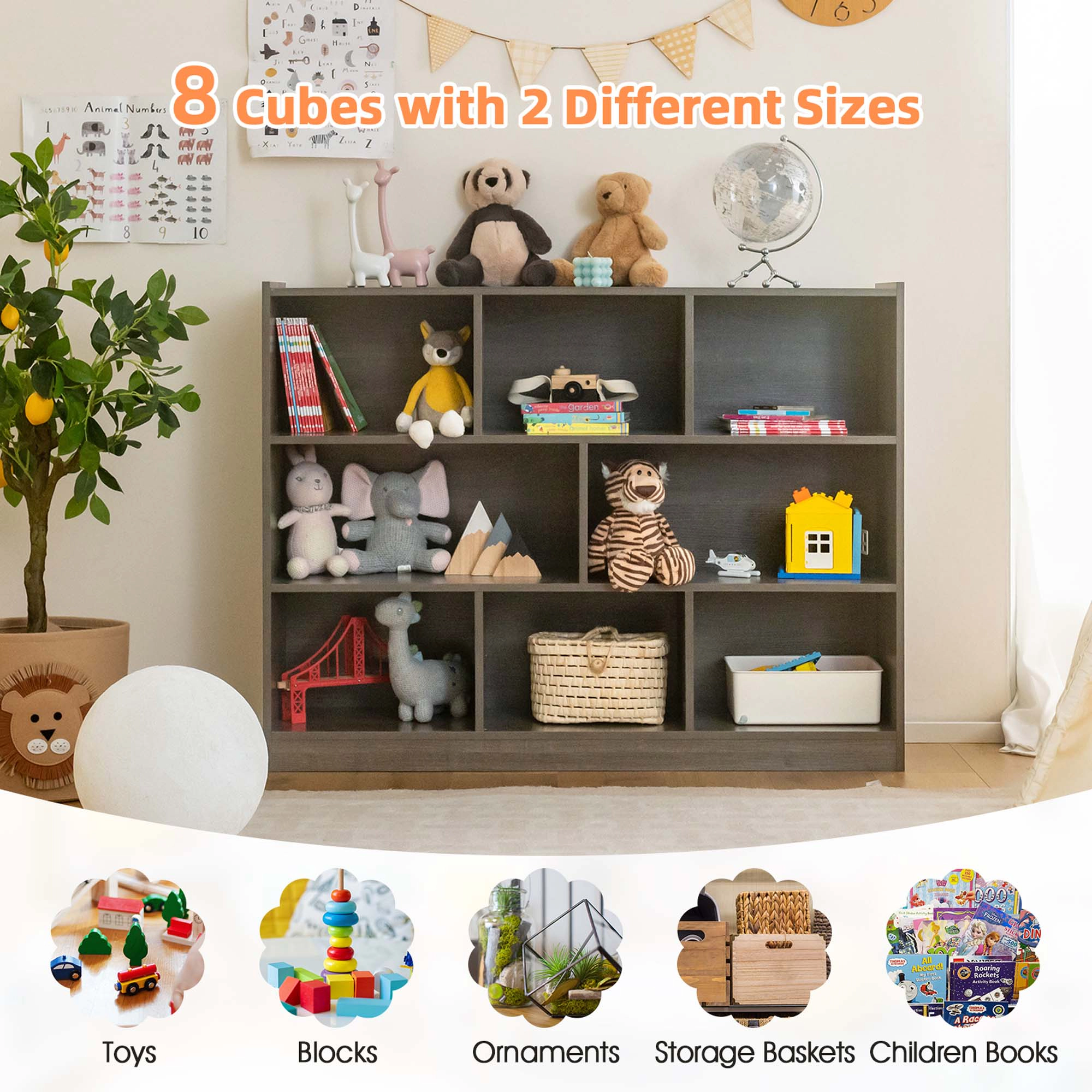 Costway 3-tier Open Bookcase 8-Cube Bookshelf Storage Display Cabinet French Oak Yellow