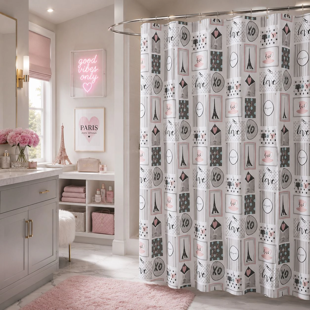 Kate Aurora Chic Bonjour XOXO Parisian Eiffel Tower Mold & Mildew Resistant Fabric Shower Curtain