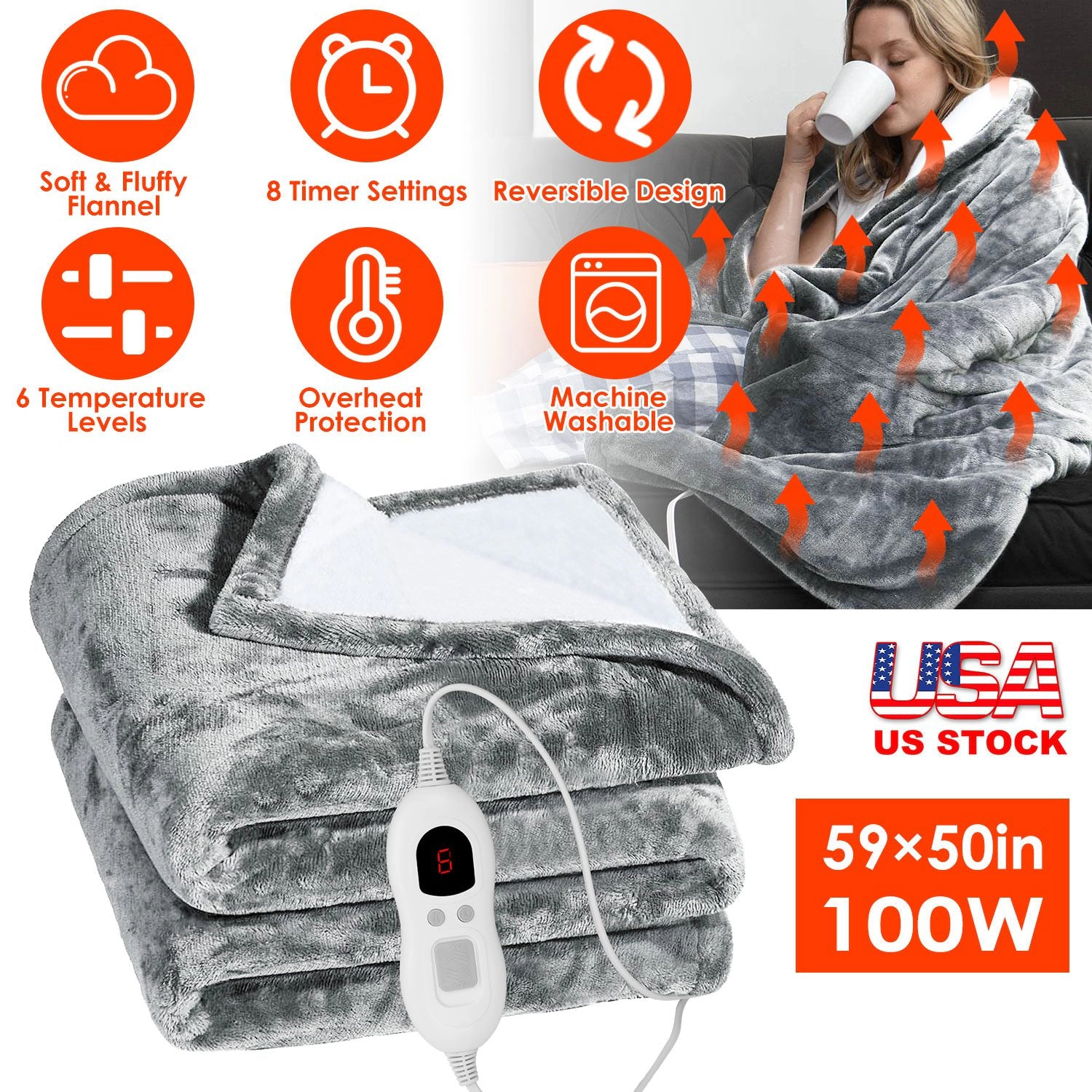 GBruno Flannel Electric Heated Throw Blanket 50x59 In