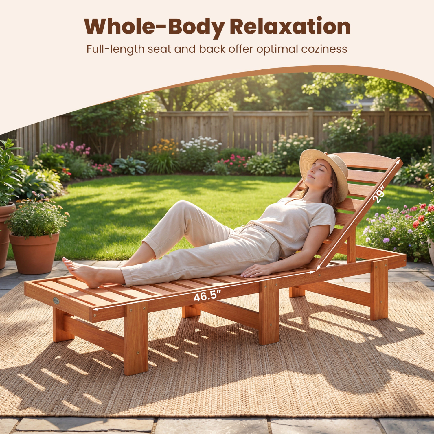 LJG Patio Chaise Lounge Chair Solid Wood Slatted Recliner with Adjustable Backrest