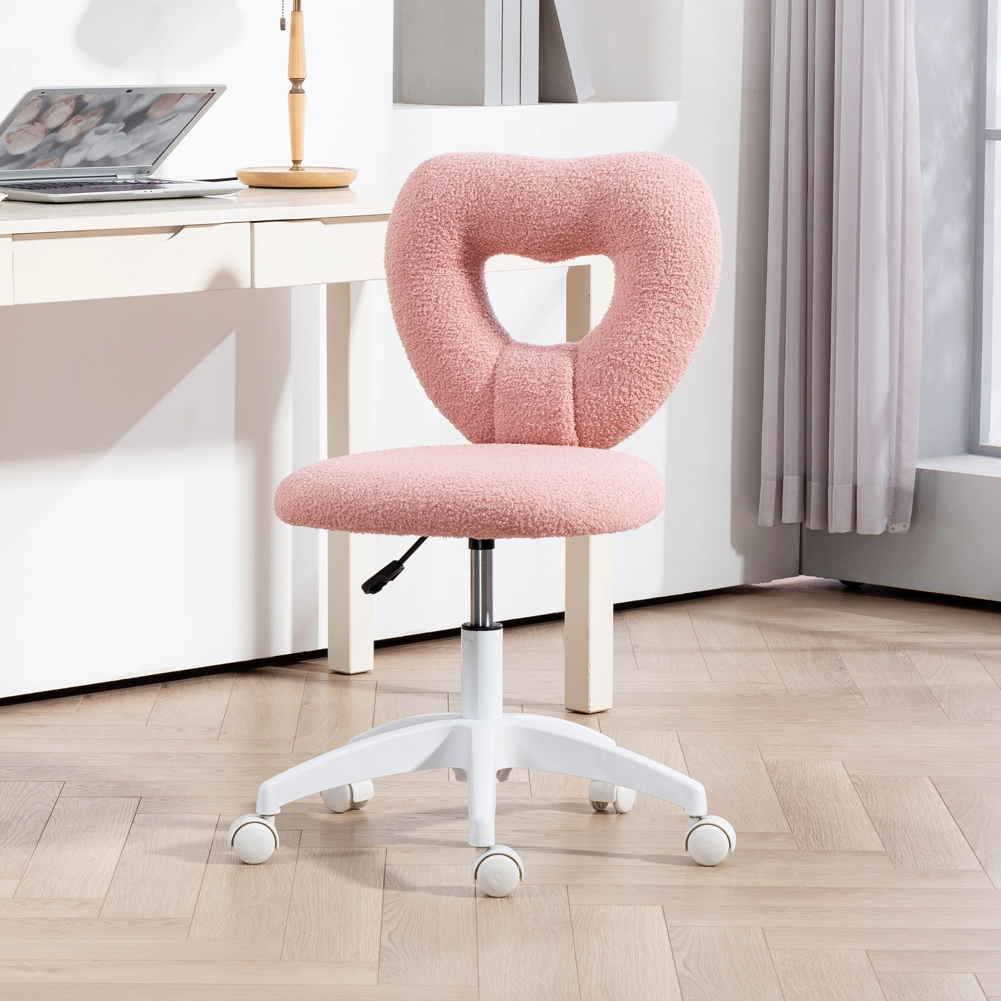 HONGGE Armless Computer Desk Chair Office Task Teddy Fleece Heart Makeup Vanity with Swivel Wheels