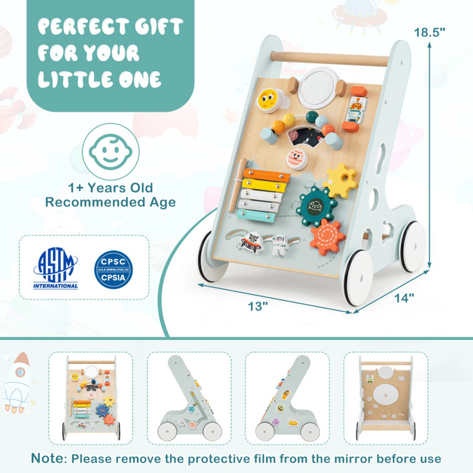 SUGIFT 8-in-1 Wooden Baby Walker Push and Pull Learning Activity Center with Wheels 5-lb Frame Ages 1+ Years Green/Blue