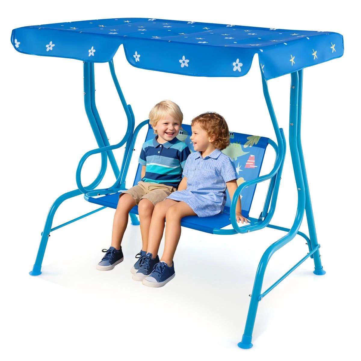SUGIFT 180-lb Capacity 2-Seater Kids Outdoor Swing with Metal Stand Adjustable Canopy and Safety Belts Blue