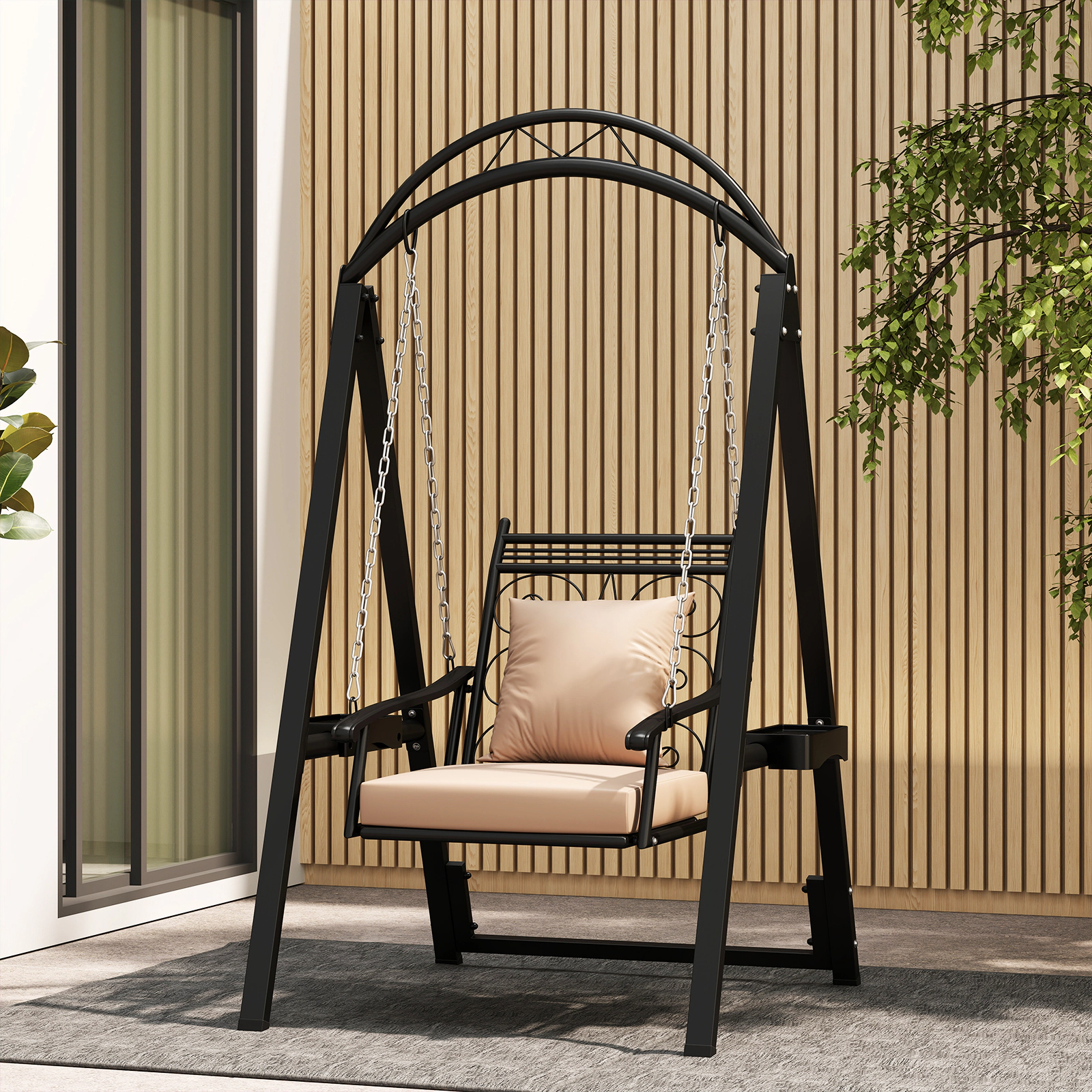 LJG Outdoor Porch Swing with Removable Cushions and Side Tables for Garden Balcony