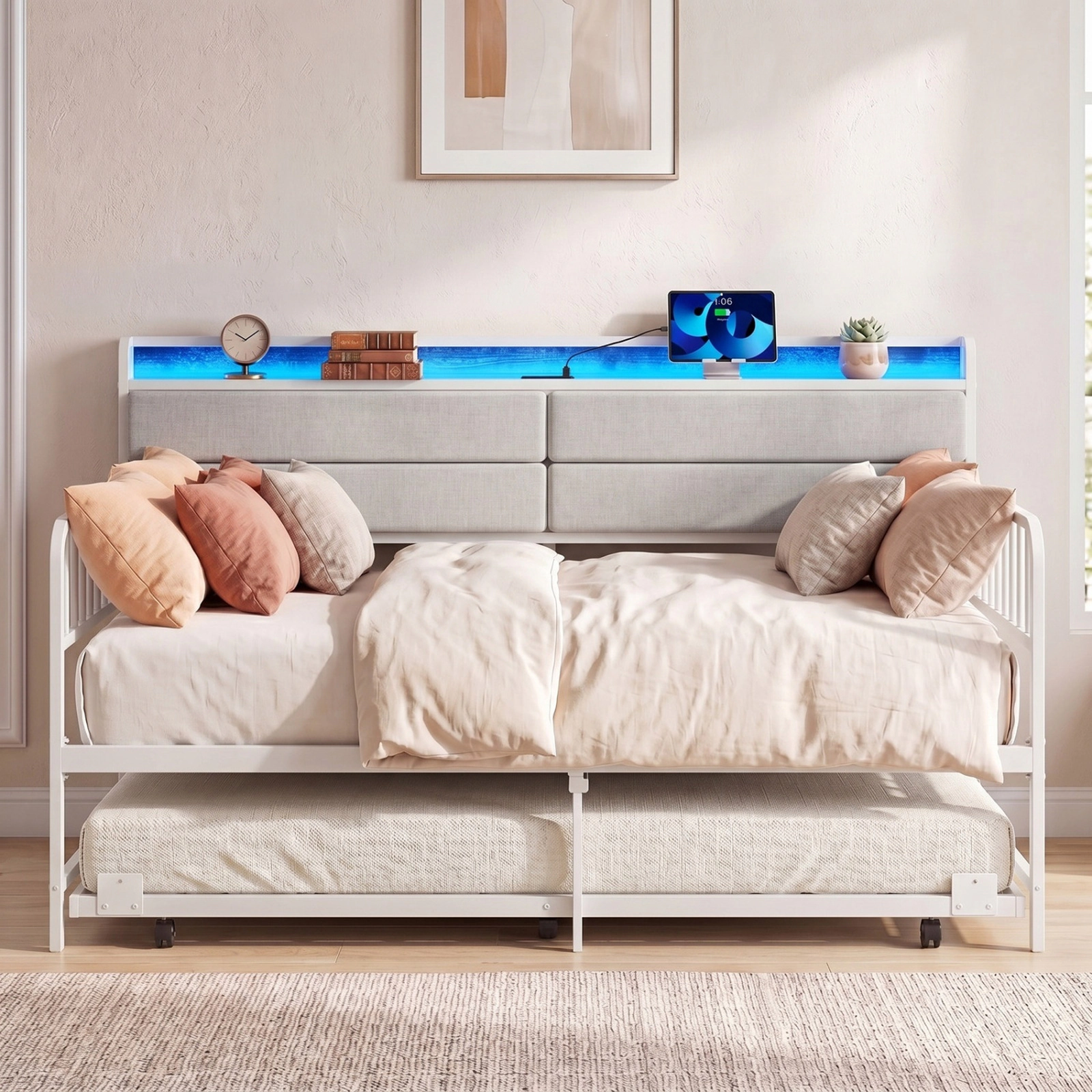 SUGIFT Twin Metal Daybed with Trundle, Charging Station and LED Lights, White