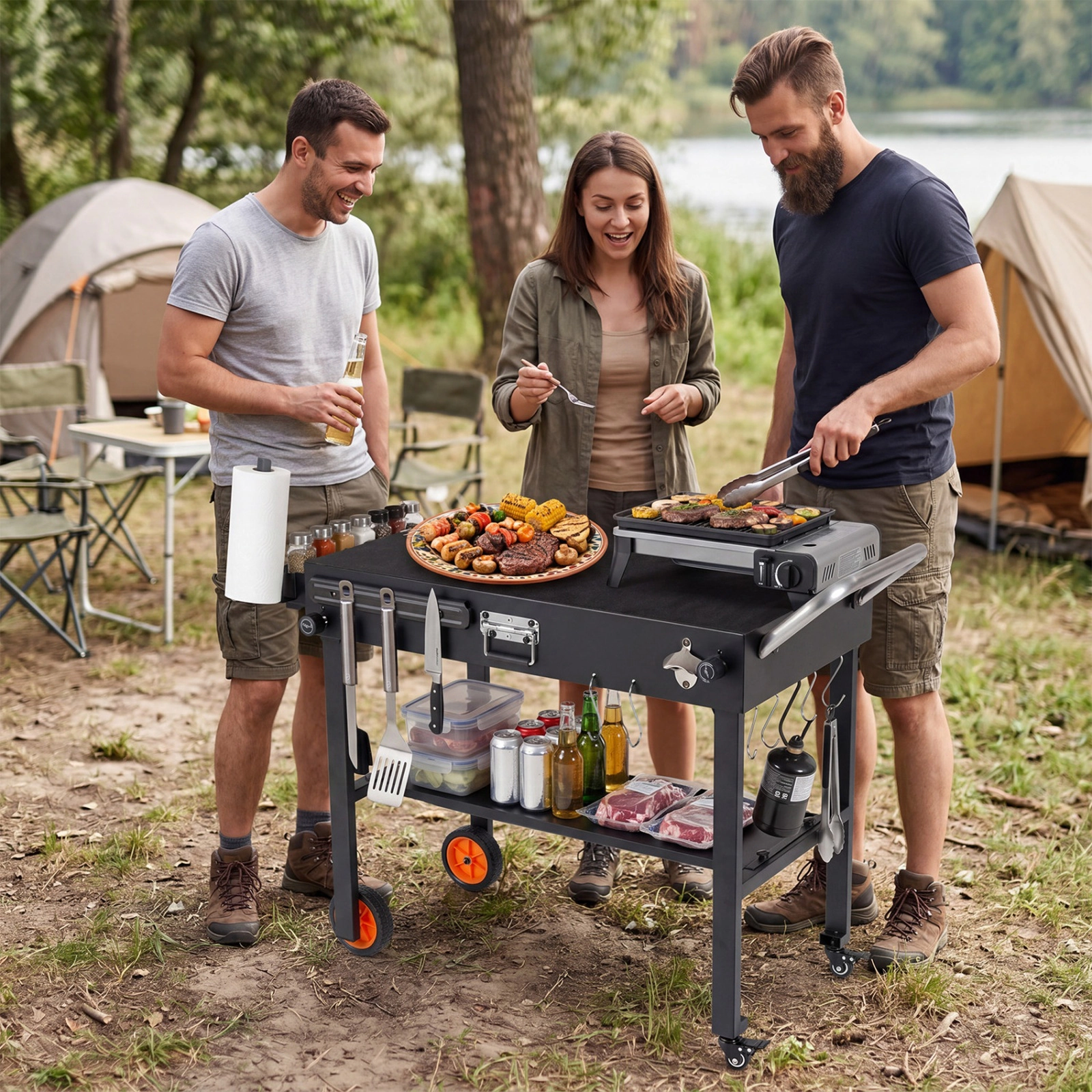 SUGIFT 330-lb Capacity Black Folding Grill Cart with Heat-Resistant Mat 360-Degree Casters and 6 Hooks