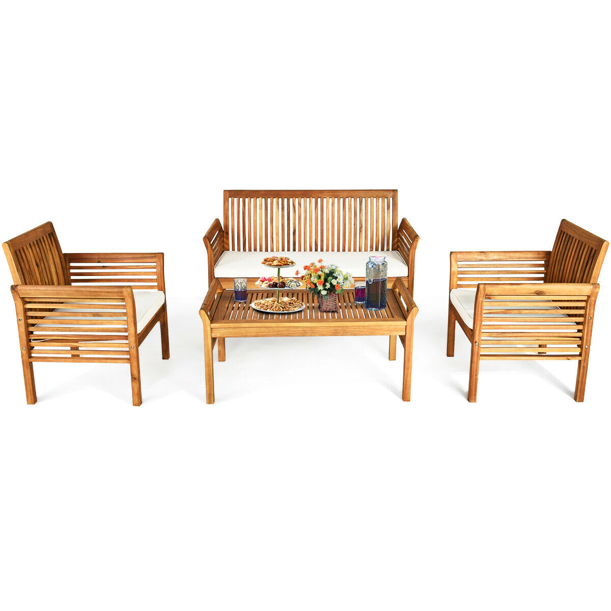 SUGIFT Natural Loveseat and Coffee Table 4-Piece Outdoor Acacia Wood Sofa Set