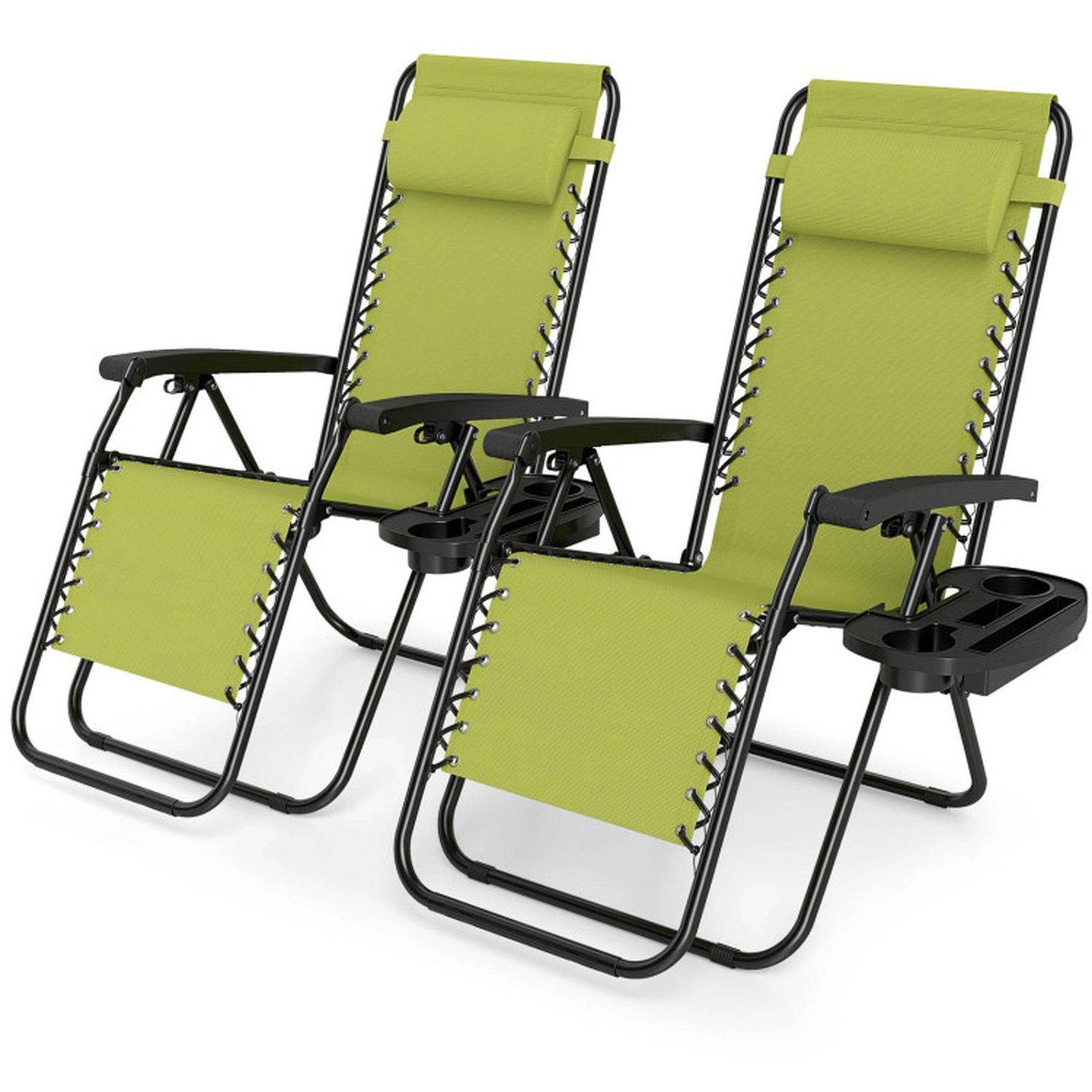 SUGIFT Set of 2 Green Folding Zero Gravity Lounge Chairs with Tray and Adjustable Pillow