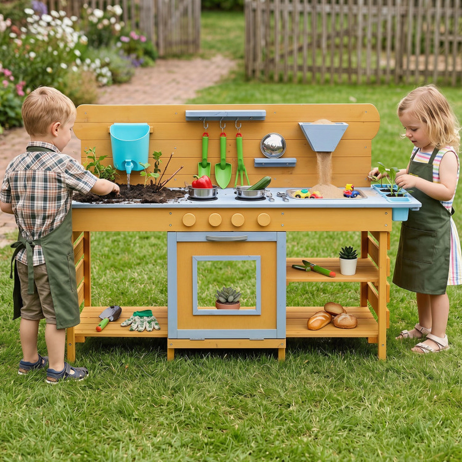 SUGIFT Natural 2 Sinks 4 Stoves Water Tank and 14 Accessories Kids Wooden Mud Kitchen
