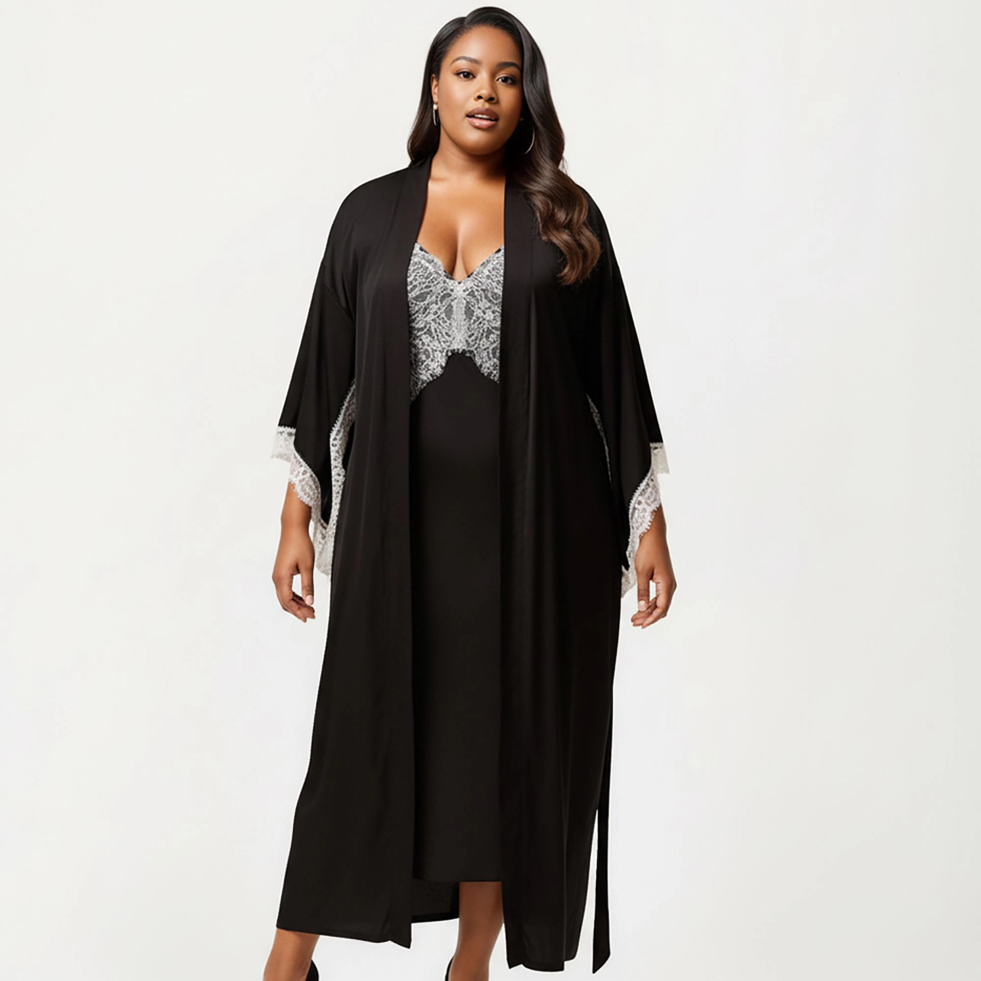Anna-Kaci Women's Plus Long Robe Set with Soft Draped Silhouette and Delicate Lace Trim Accents
