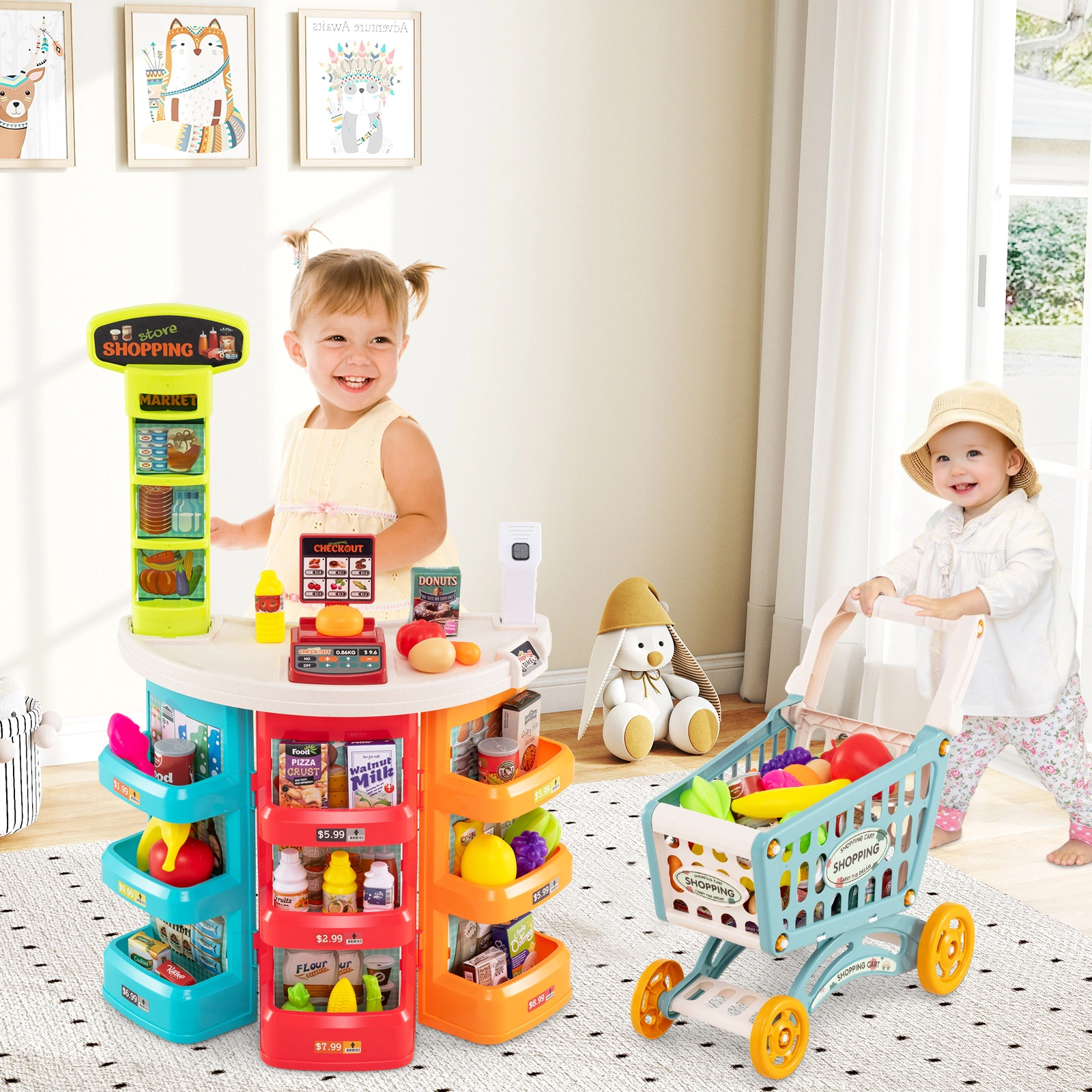 SUGIFT Blue Shopping Cart 76-Piece Kids Supermarket Playset Pretend Grocery Store