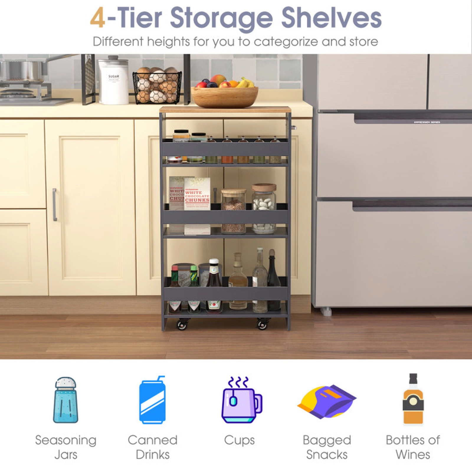 SUGIFT 4-Tier Slim Rolling Kitchen Storage Cart with Open Shelves Handle and Guard Rails 15-lb Upper Shelf Capacity Gray