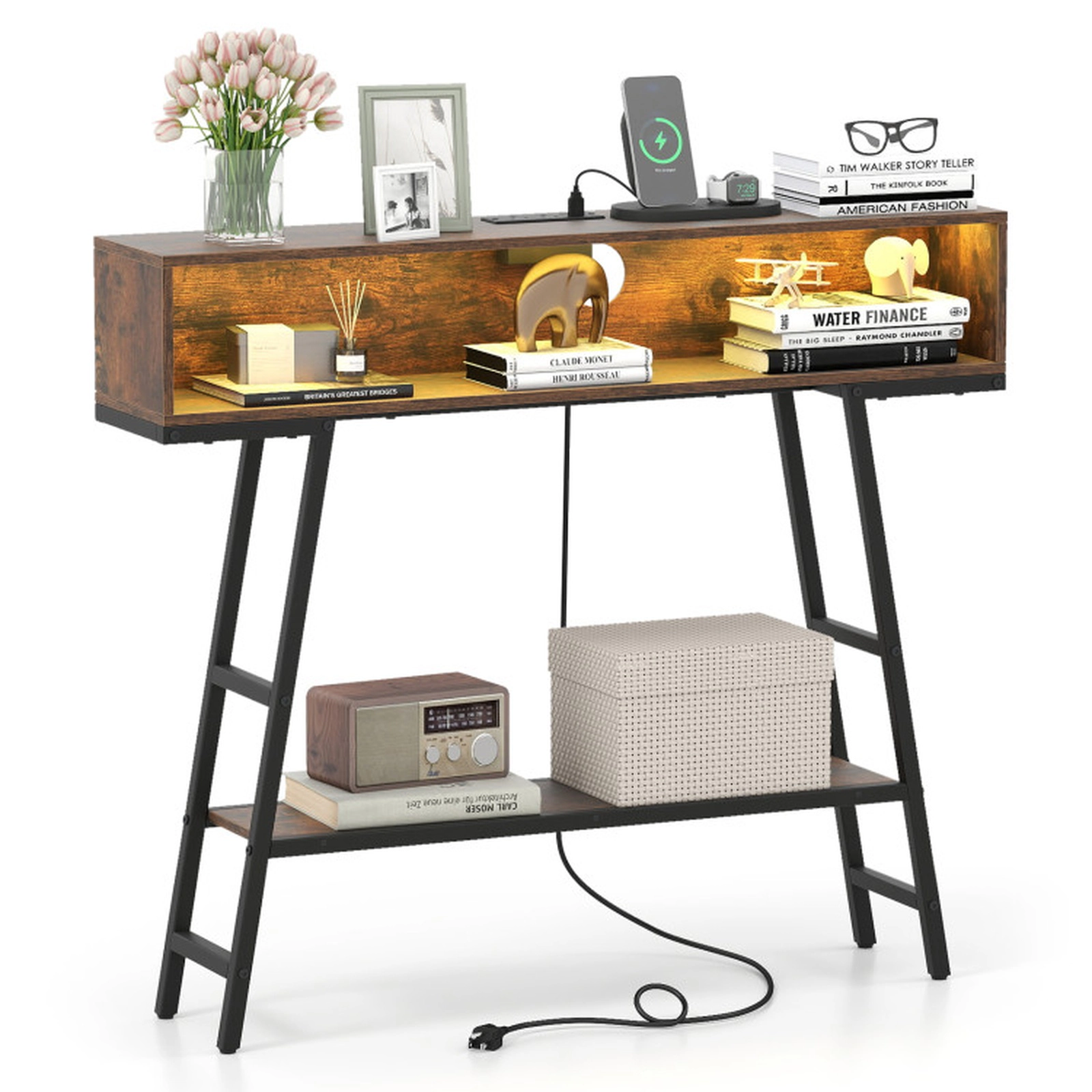 SUGIFT Narrow LED Light Charging Station USB Type-C Console Table 40-in x 8-in x 34-in 45-lb Capacity Rustic Brown