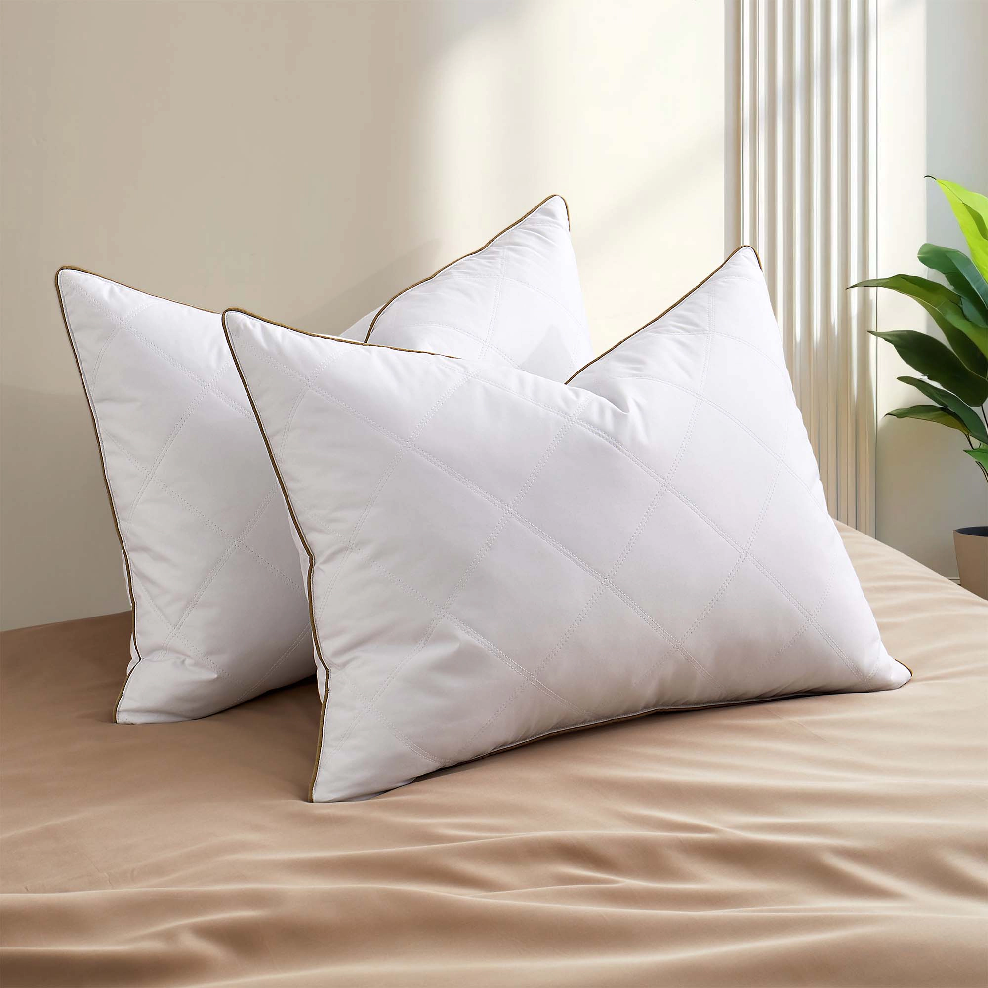 PEACENEST Goose Feather Sleep Pillow with Decorative Brown Piping