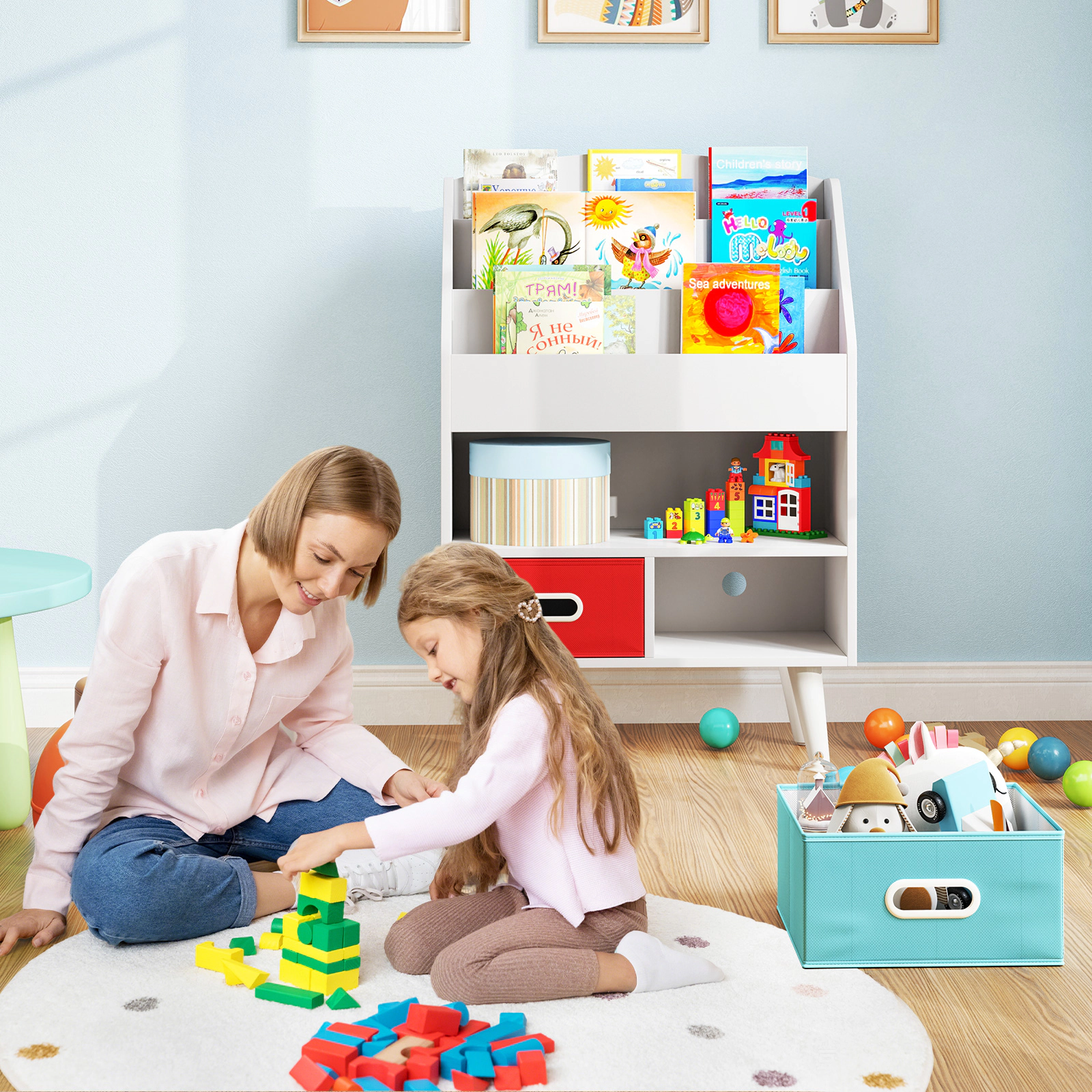 SUGIFT White 220-lb Capacity 3-Tier Kids Bookshelf with Open Compartment and 2 Foldable Fabric Drawers
