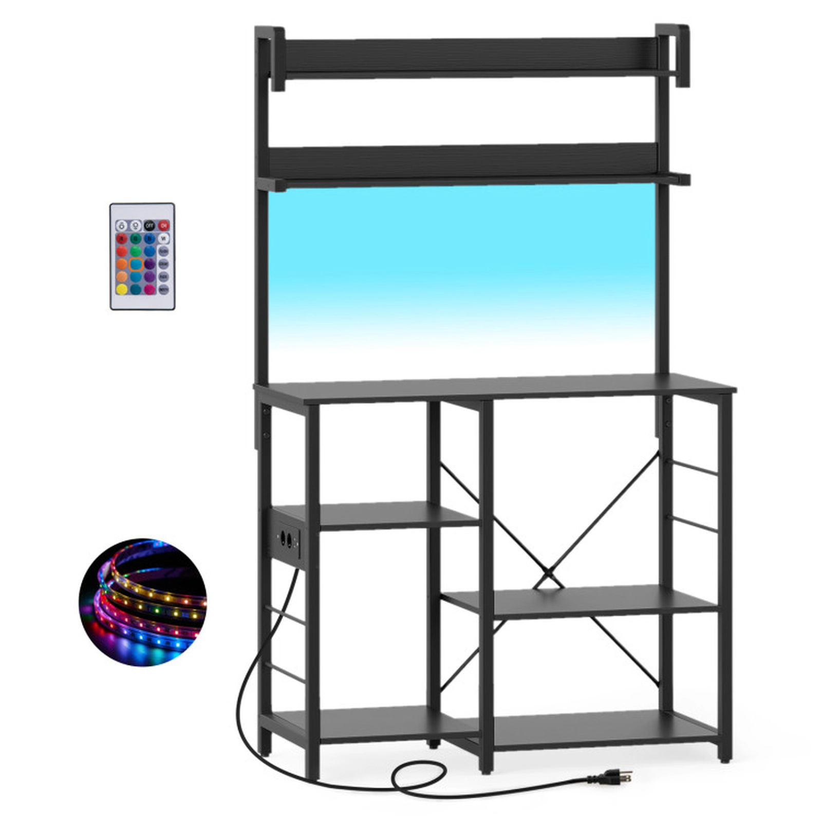 SUGIFT 5-Tier Kitchen Bakers Rack Black with Power Outlets USB Ports and LED Lights