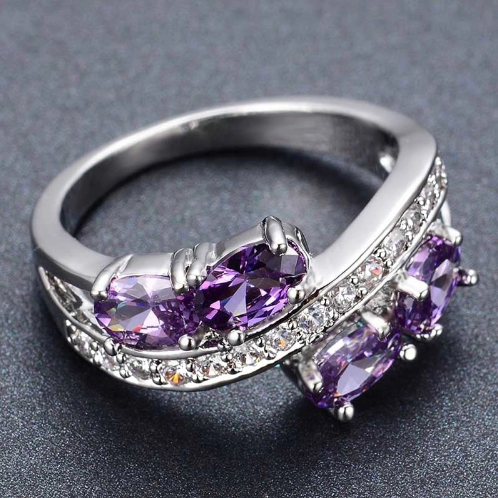 White Gold Plated Purple Cubic Zirconia Statement Ring