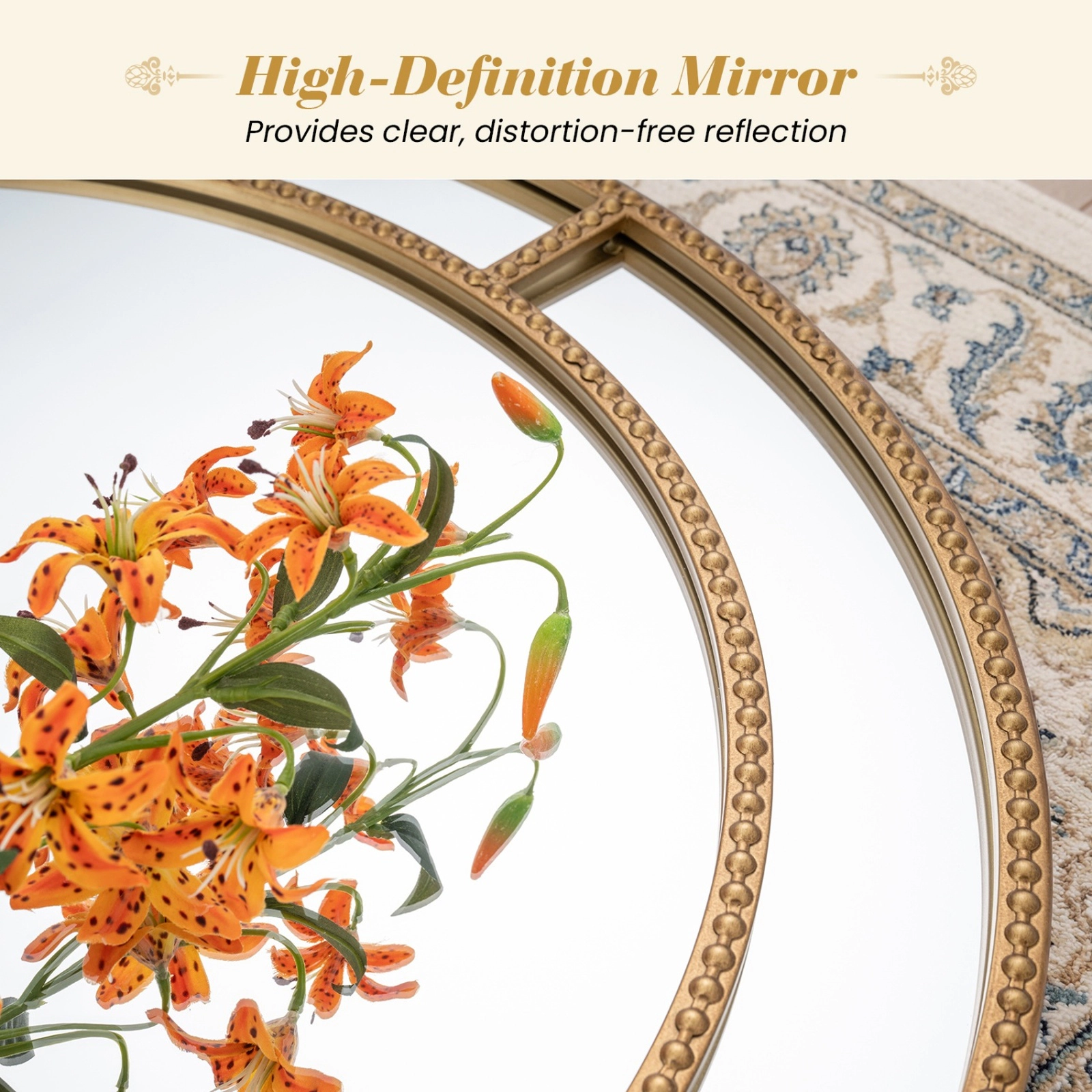SUGIFT 28-in Round Wall Mirror Beaded Metal Frame MDF Backing Distortion-Free 28 x 1.2-in 13-lb 1-Piece Gold