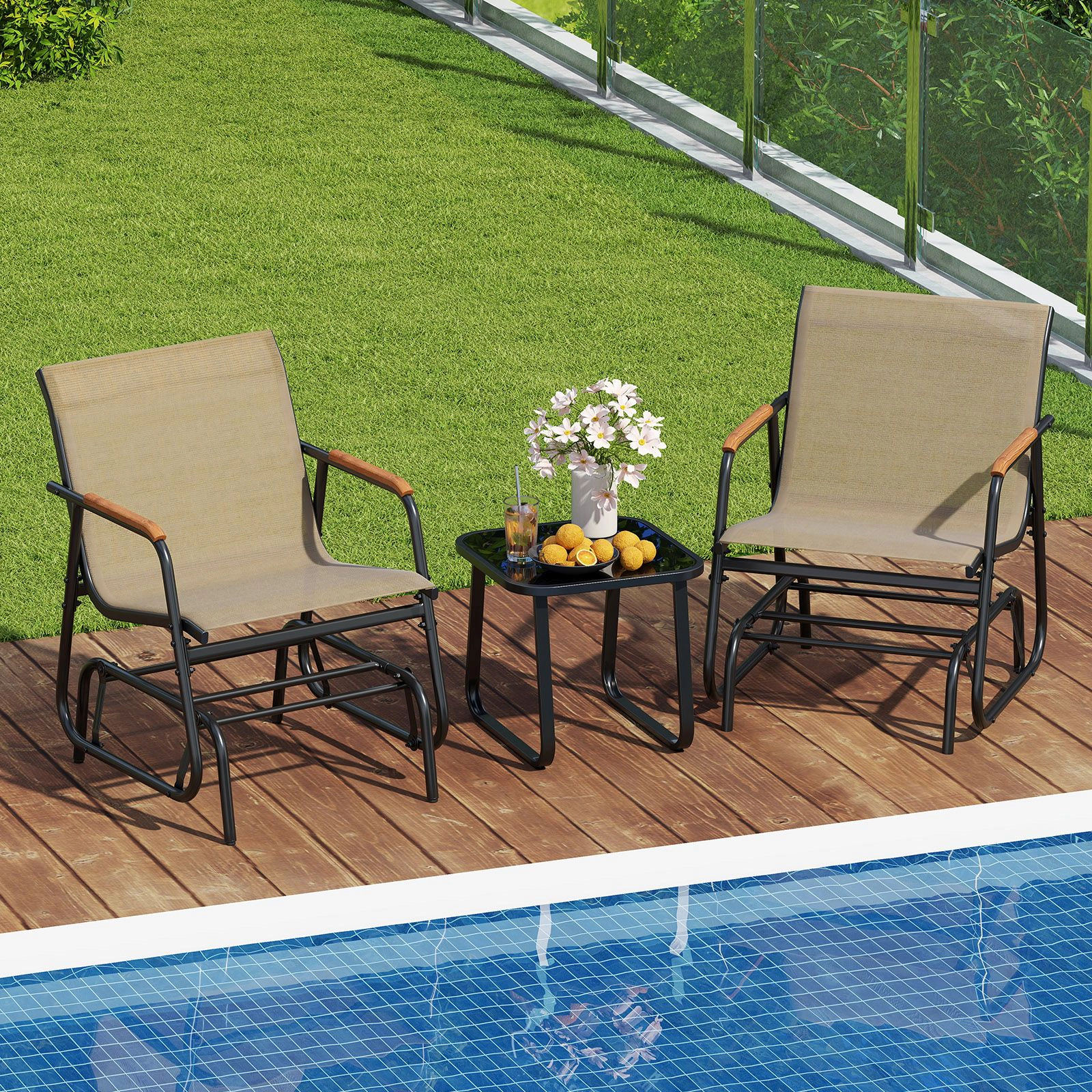 SlickBlue 3-Piece Patio Glider Chairs with Teak Armrests and Glass Table