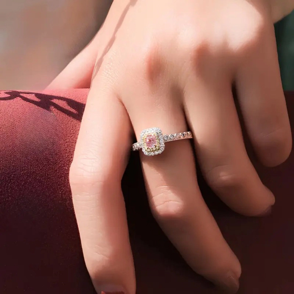 Women's Copper Ring with Square Pink Zircon Wedding Anniversary Party Jewelry