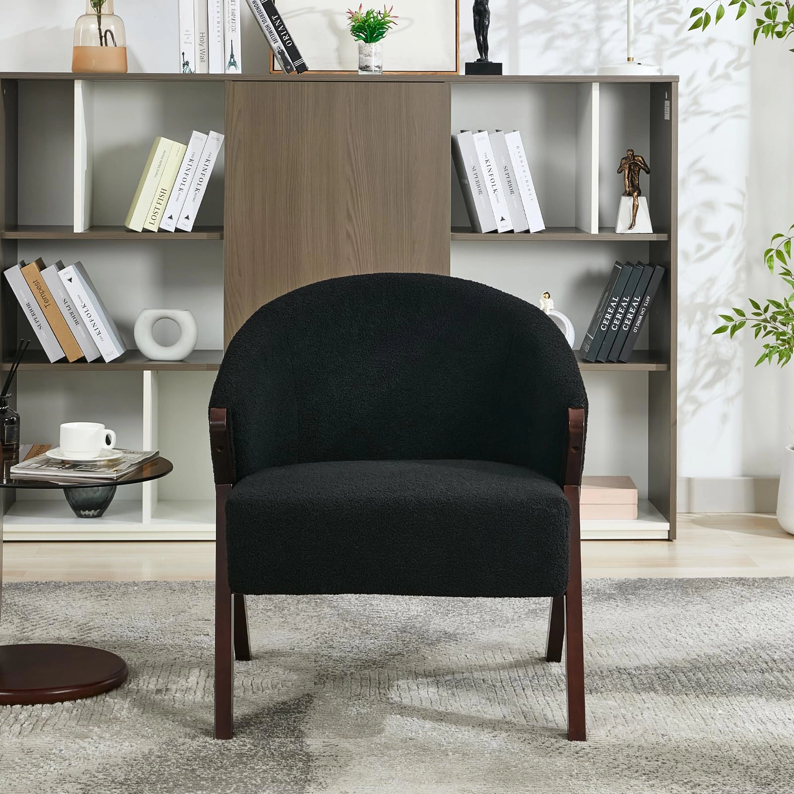 BebreezChic Mid-Century Accent Chair, Upholstered Armless Reading Chair with Wood Frame for Living Room or Bedroom