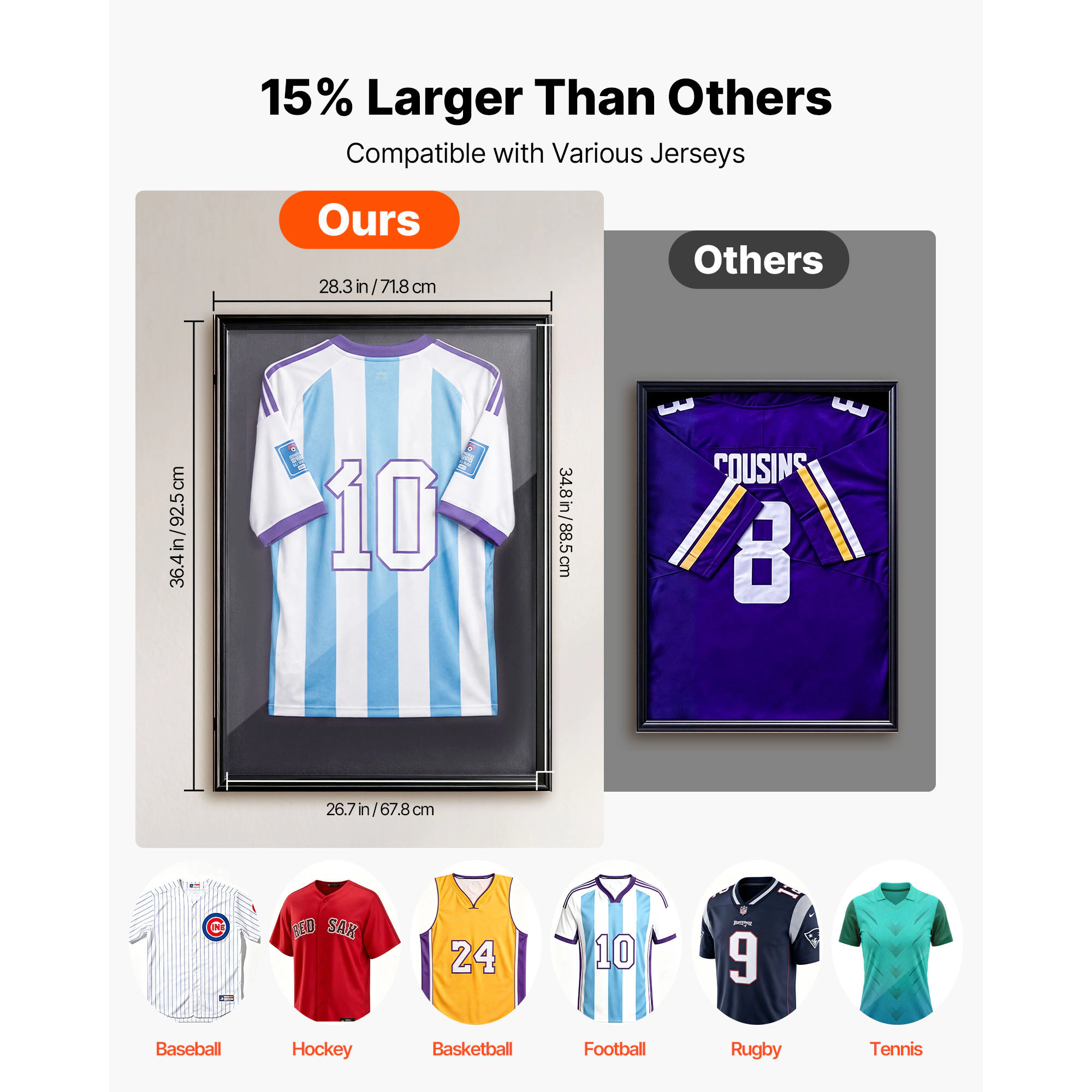 HONGGE Wooden Sports Jersey Shadow Box, 36.4 x 28.3 x 1.5 in, Magnetic-Lock Display Case with UV-Protected PC Panel