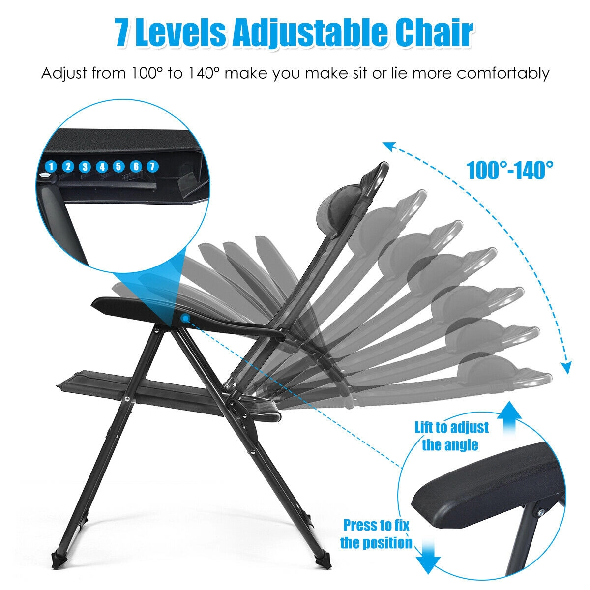 SUGIFT 7-Position Adjustable Reclining Folding Sling Patio Chair 300-Lb Capacity with Headrest Gray and Black