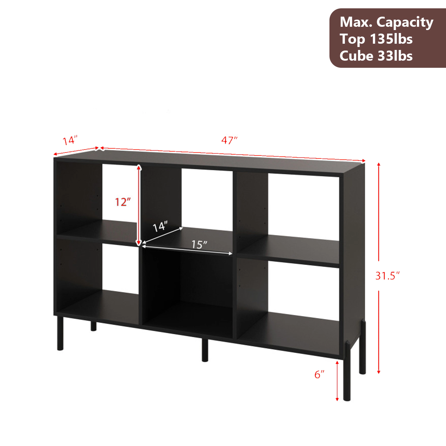 Hivvago Open 3-Tier Bookcase with Six Storage Compartments and Metal Frame Support