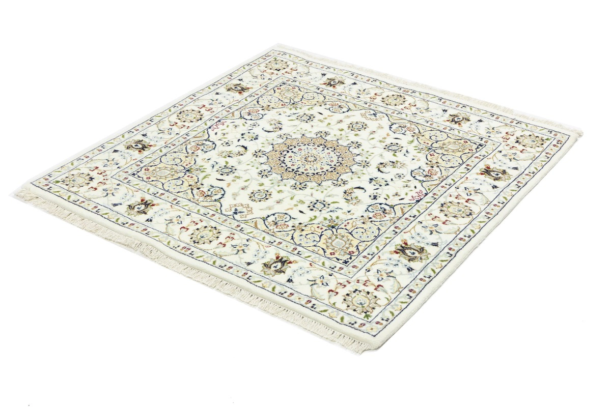 Magic Rugs 4'2 x 4'2 Hand Knotted Indo-Nain Cream Floral Wool Square Rug