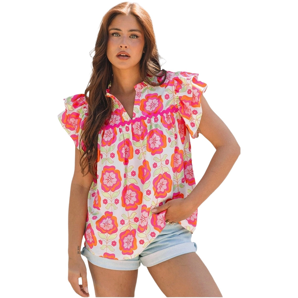 Sol Living Womens Floral Ruffled Sleeve Trim Split Neck Loose Blouse