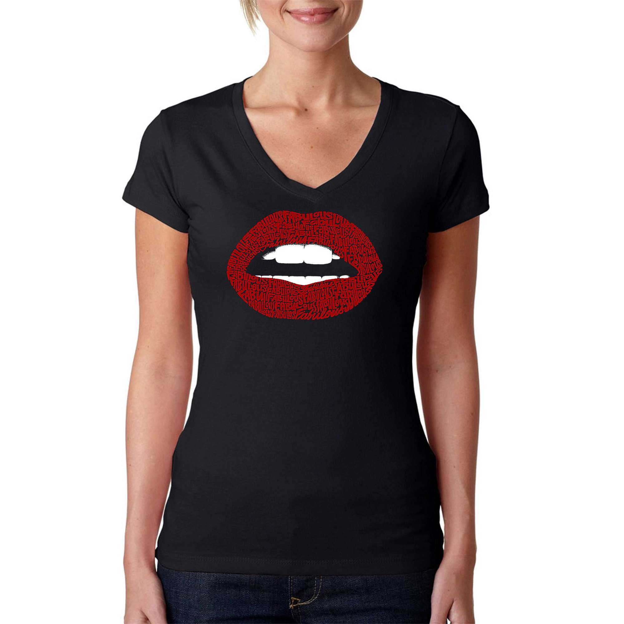 LA Pop Art Womens Word V-Neck T-Shirt - Fabulous Lips