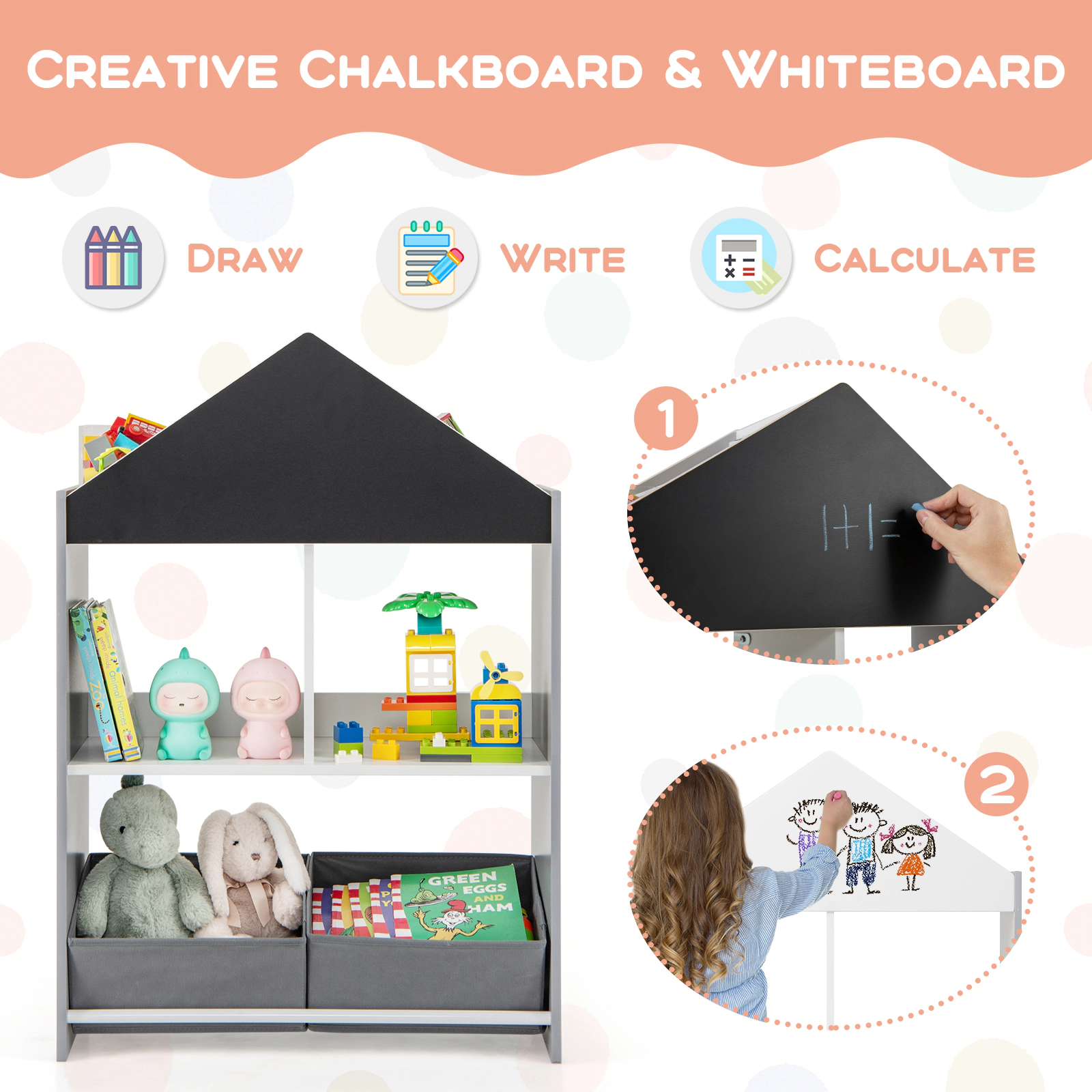 Hivvago Playhouse Kids Bookshelf with Chalkboard and Whiteboard for 3-6 Years