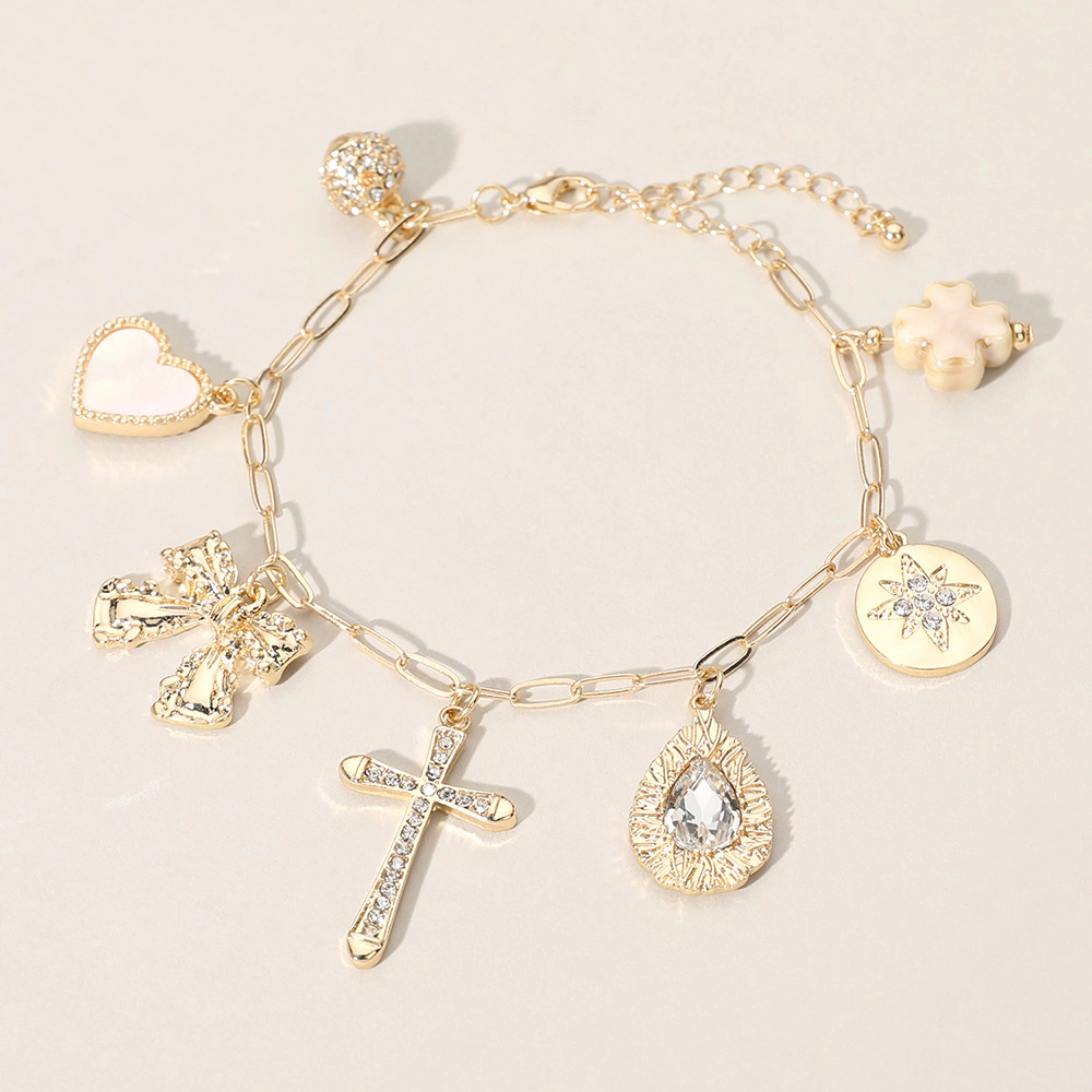 FASHNZFAB Stone Paved Cross Ball Bow Mother of Pearl Heart Glazed Clover Charm Station Paperclip Chain Bracelet