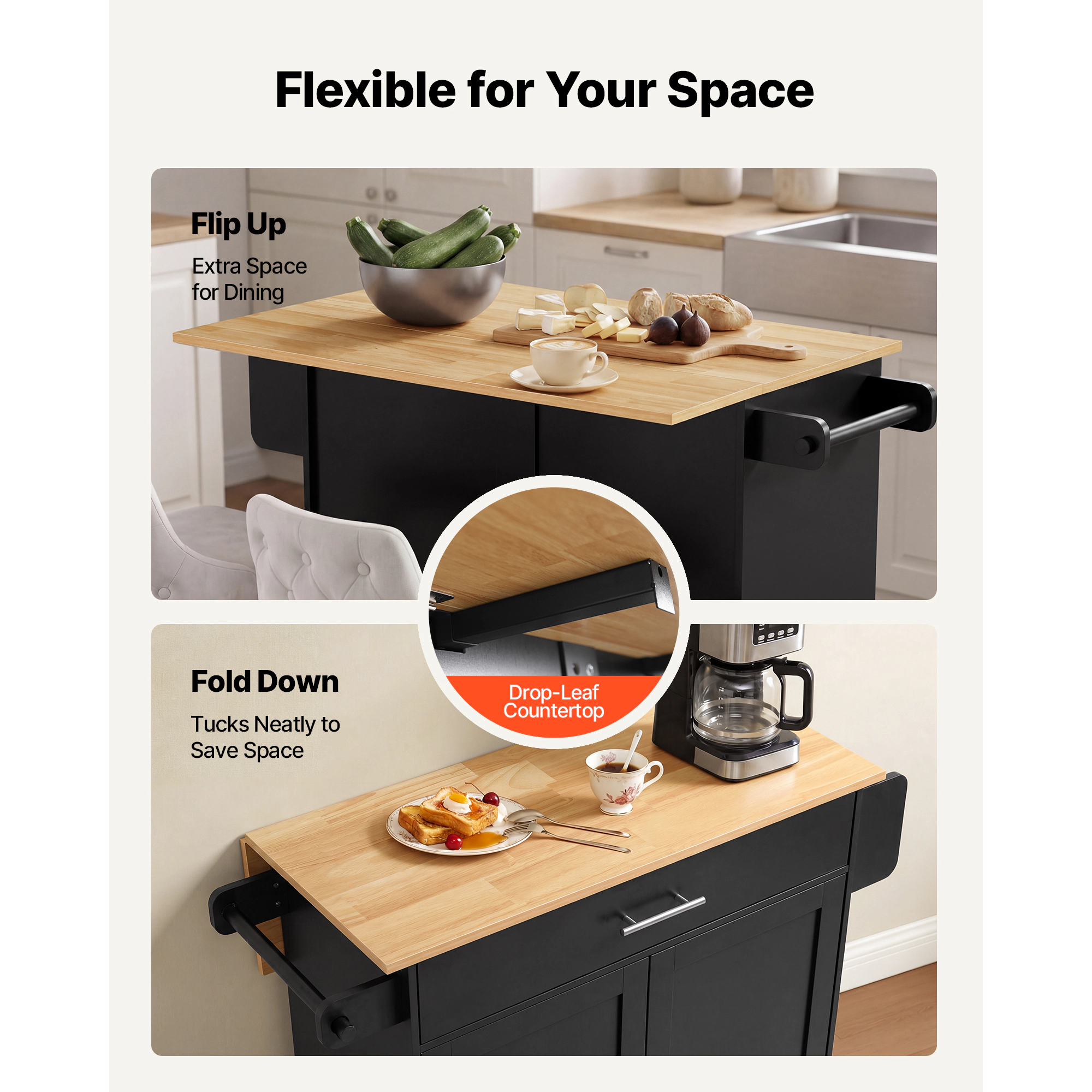 HONGGE Kitchen Island Cart with Storage 42.28 Wide Mobile Rolling on Swivel Wheels Drawer