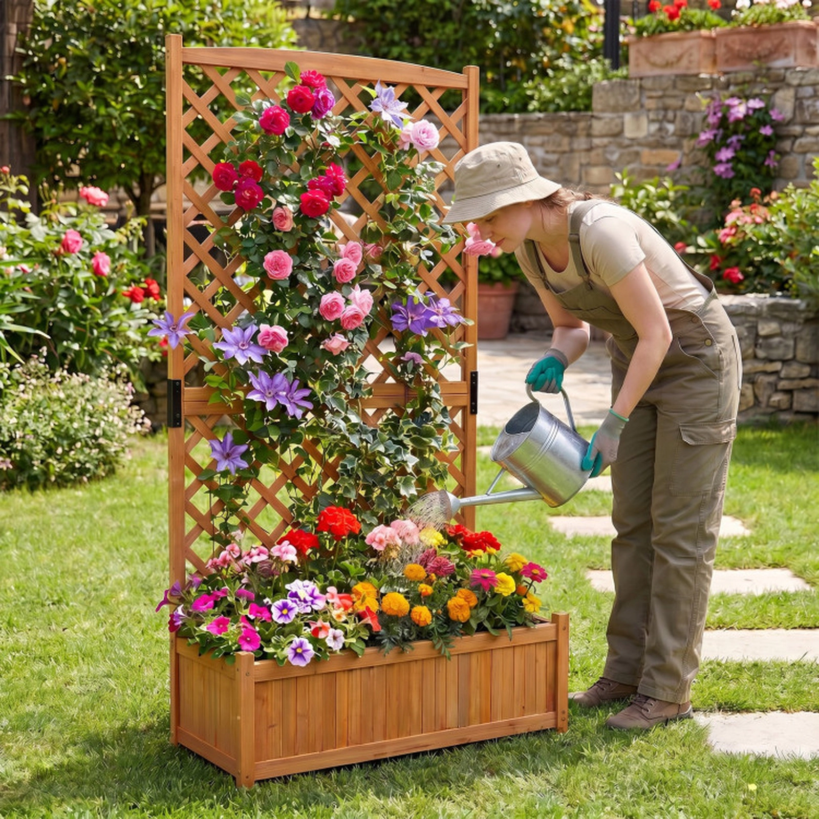 SUGIFT Raised Fir Wood Planter Box with Diamond Lattice Trellis 36 x 18 x 71-in 66-lb Capacity Orange