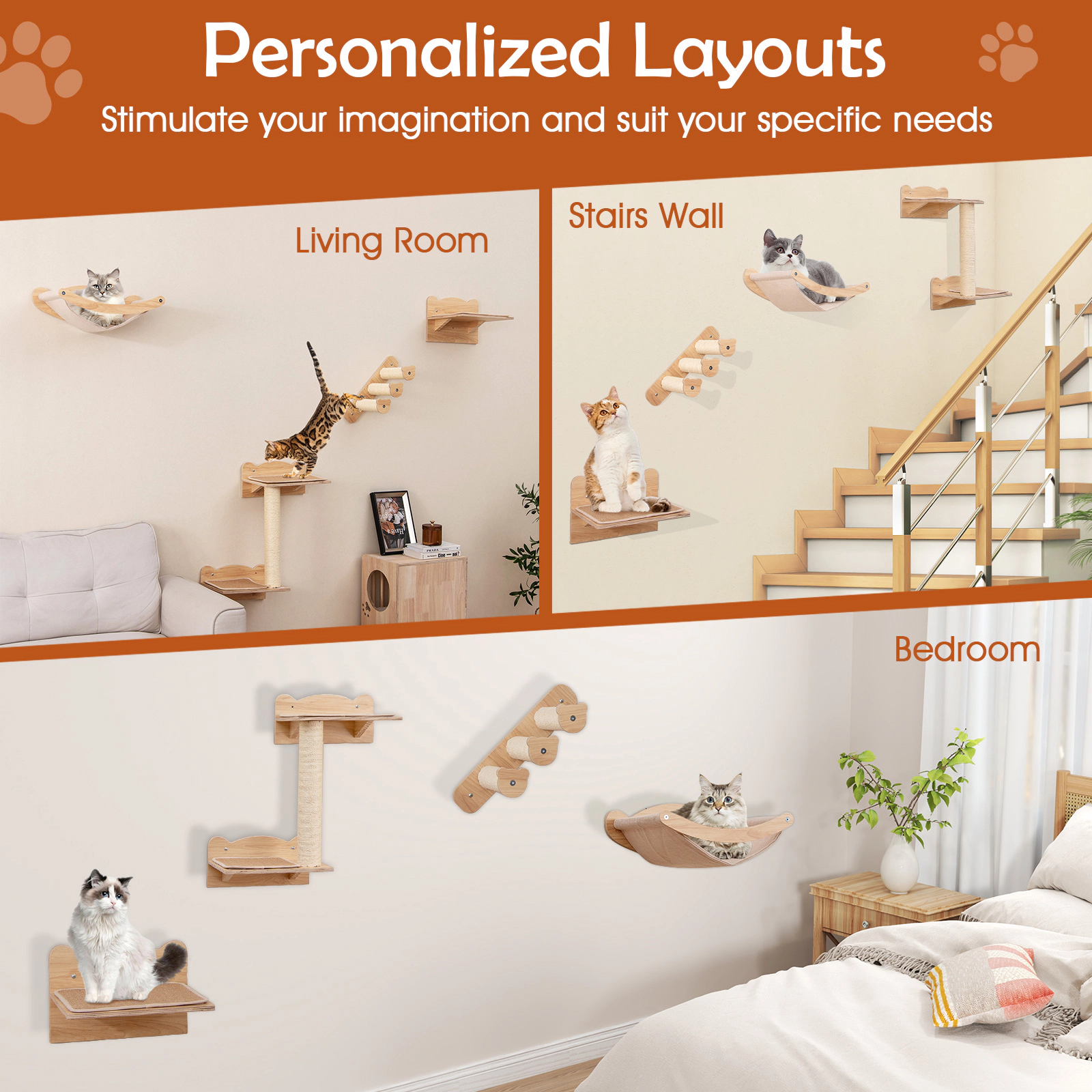 SUGIFT Wall-Mounted Cat Furniture 4-Piece Set with Hammock, 2-Step Cat Tree and Perch 22-lb Capacity Natural