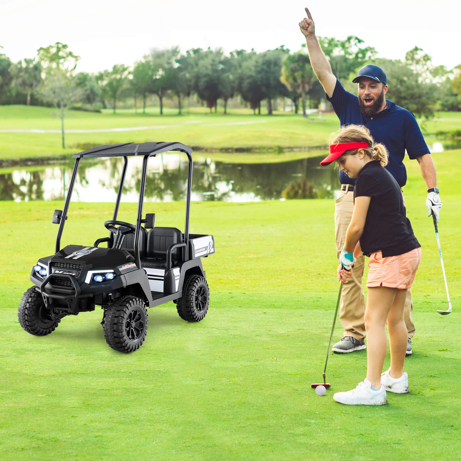 Costway 24V 7AH Kids Golf Cart 4WD 2 Seater Ride on Car w/Sun Shade & Dump Bed Black/Red/Pink/Navy