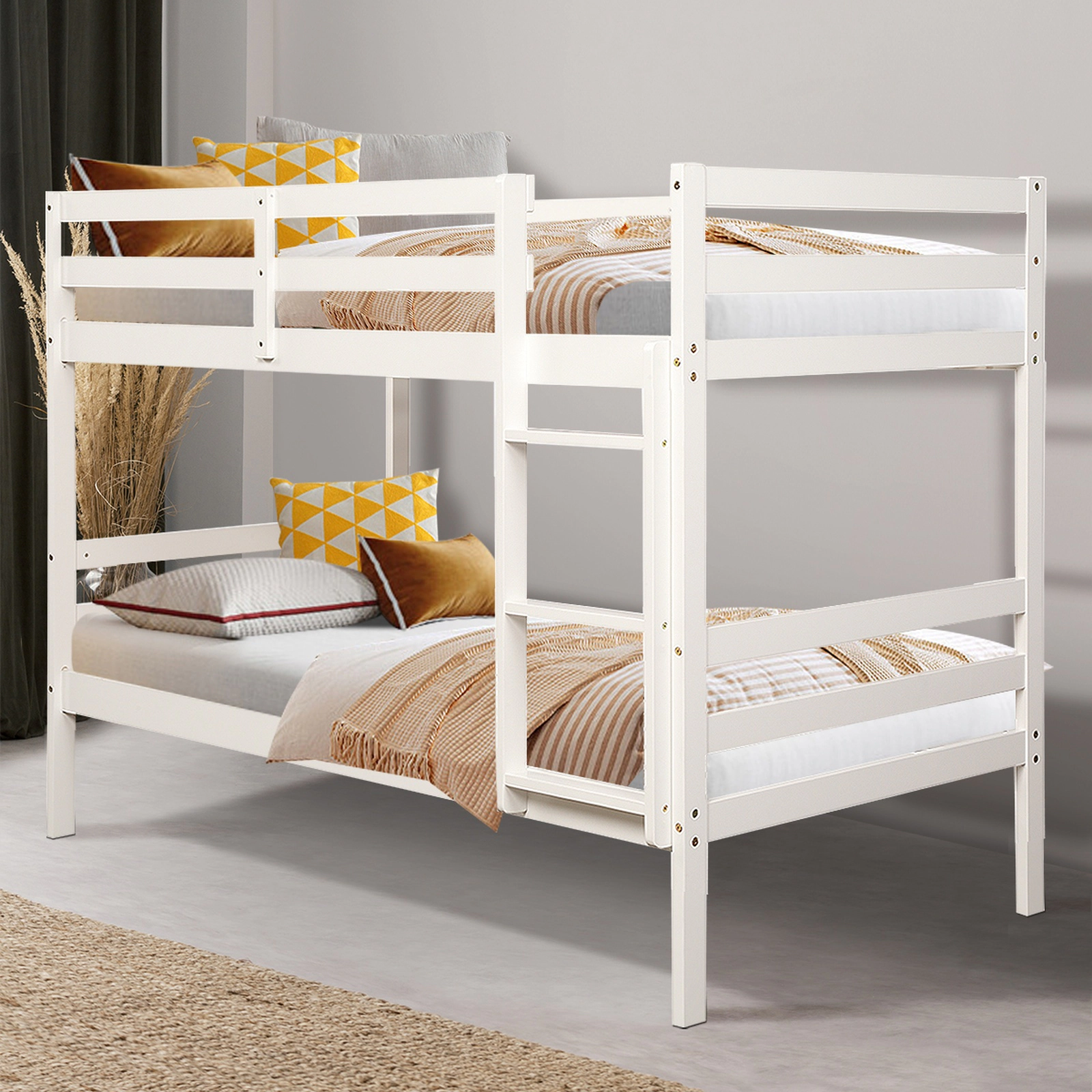 SUGIFT Twin-Over-Twin Bunk Bed, Solid Pine Wood, Guardrails, Wide Ladder, White