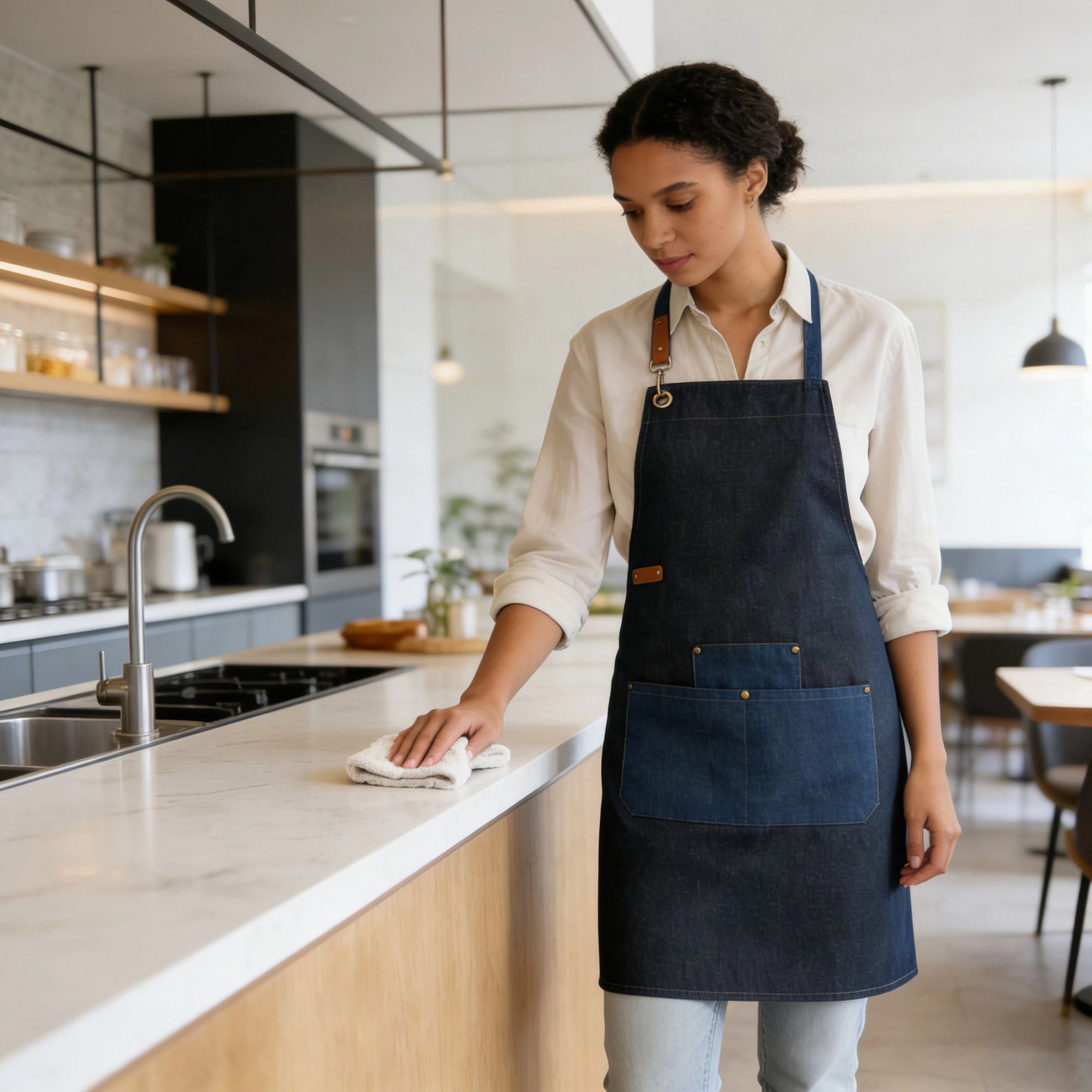 Alilang Unisex Denim Kitchen Apron with Adjustable Neck Strap Multi Pocket Work for Cooking Baking Barista