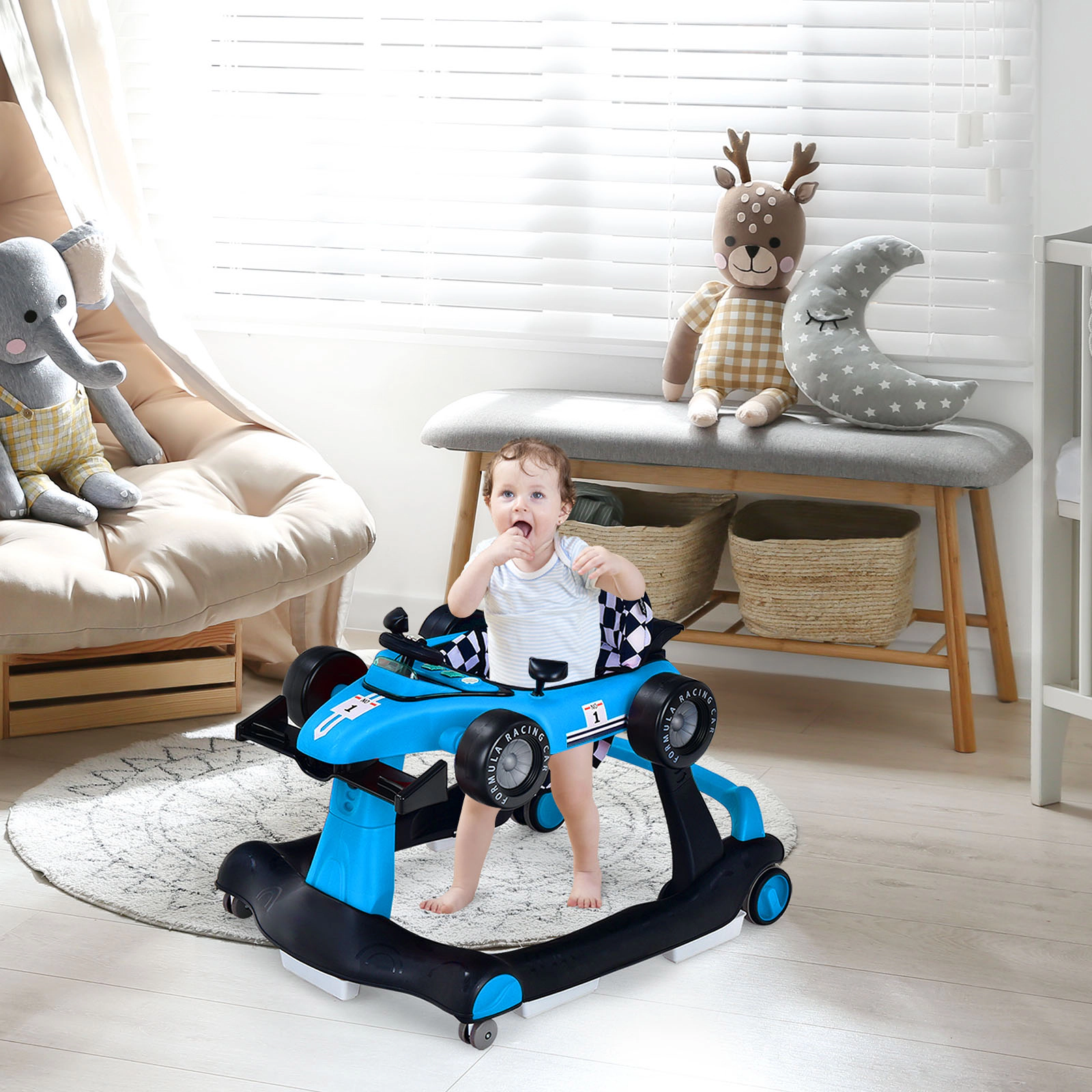 5-in-1 Baby Walker with Wheels with 2 Speed Settings 5 Padded Stair Guards 3 Seat Heights and Toy Car Floor Mode Blue