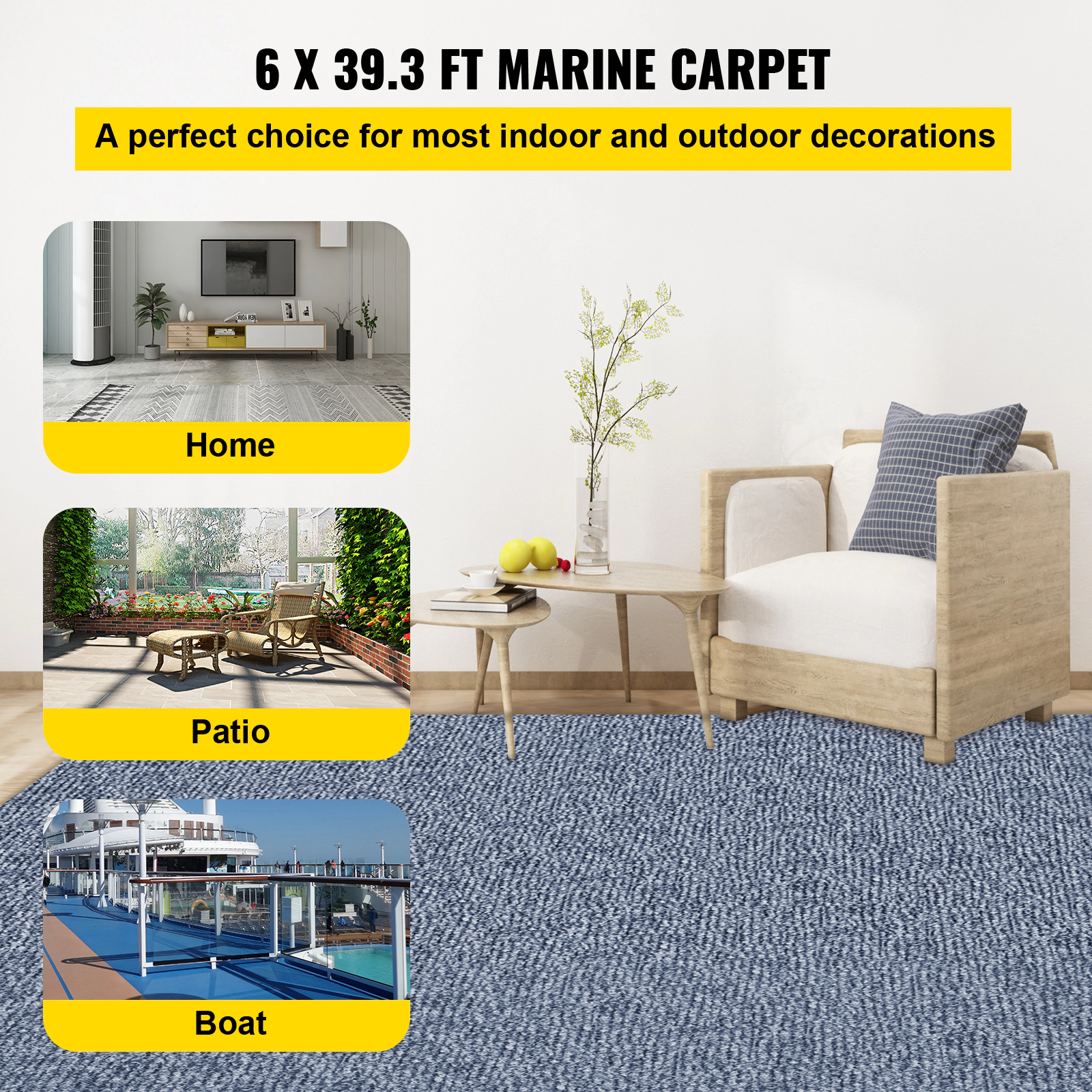 HONGGE Gray Marine Carpet 6 ft Boat Carpet Rugs Indoor Outdoor Rugs for Patio Deck Anti-Slide TPR Water-Proof Back