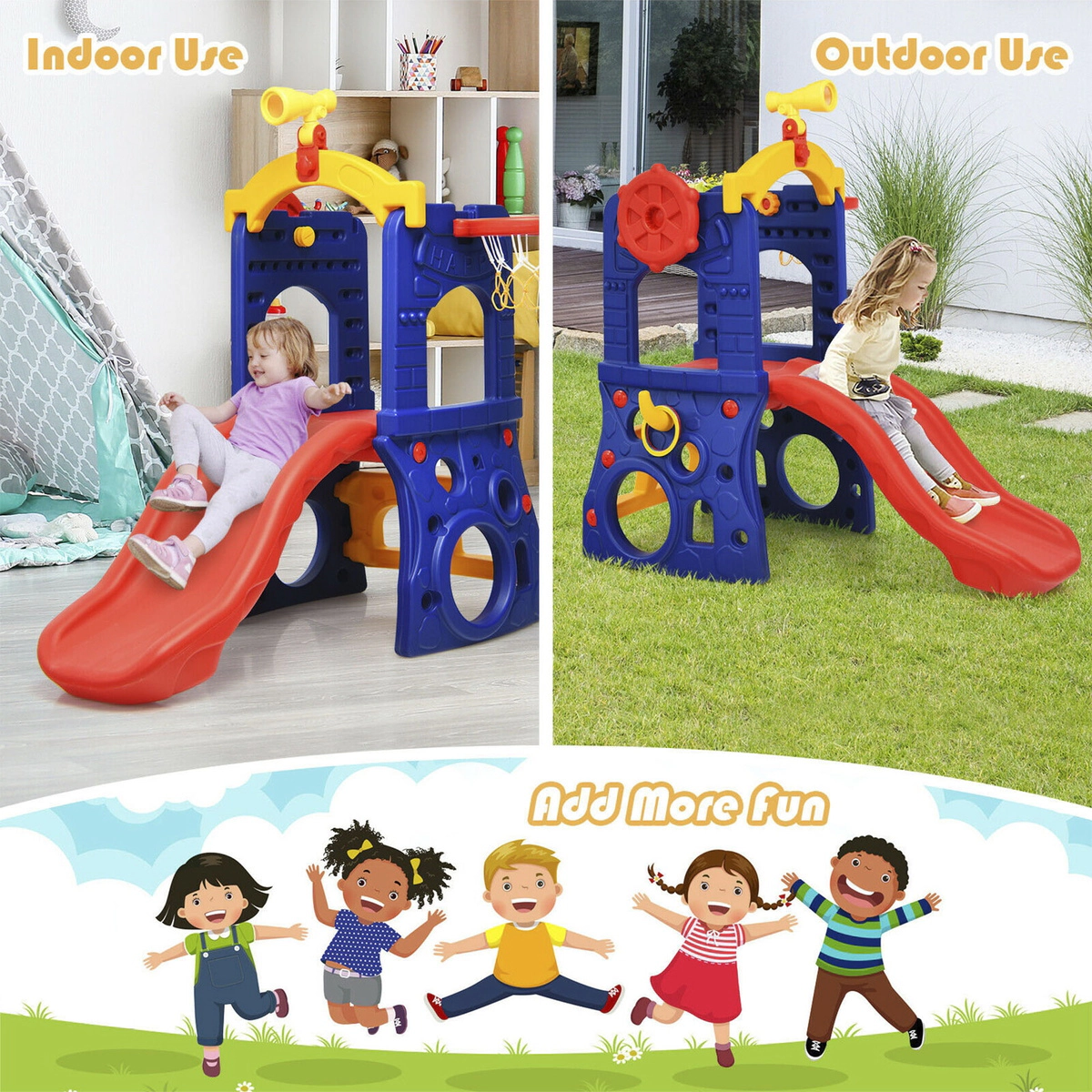 SUGIFT 6-in-1 Freestanding Kids Climber Slide with Basketball Hoop & Ring Toss 110-lb Capacity Ages 3-8 As Picture Shows