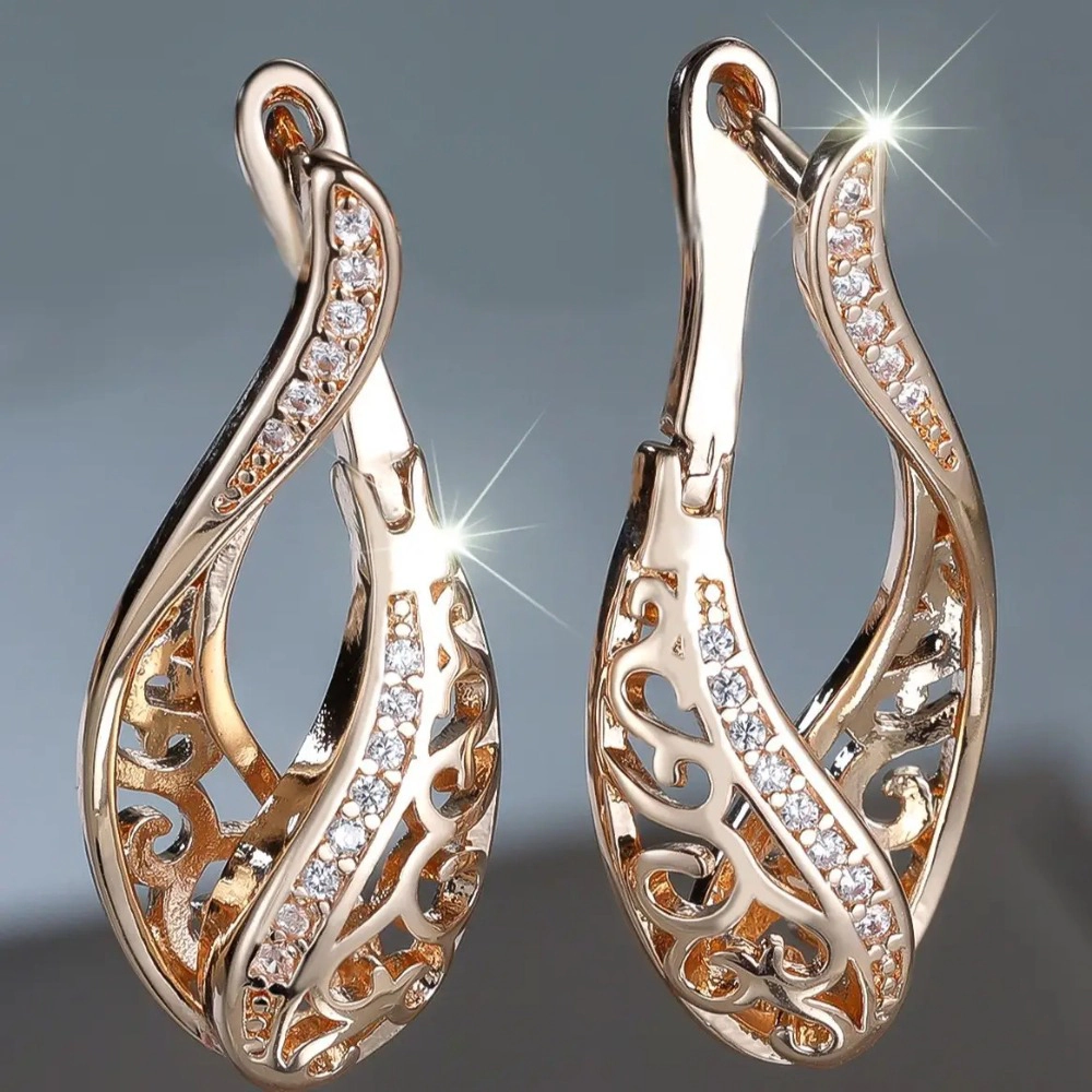 Rose Gold Hollow Filigree Twist Cubic Zirconia Huggie Drop Earrings for Women